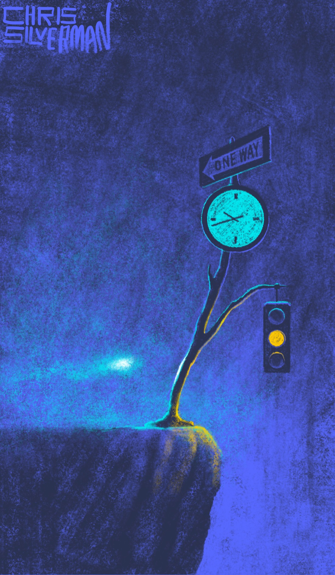 The edge of a cliff, seen in a dark, lightless, indigo space. At the very edge of the cliff, leaning off it, is a structure that looks sort of like a cross between a lamppost and a tree trunk with very few branches. On the topmost branch is a "one way" sign pointing left, and a glowing green analog clock. Hanging from a lower branch is a traffic light displaying an orange signal. On the left side of the painting, approaching the structure, is a glowing bluish wisp. A green fog hangs in the air. The painting is signed "Chris Silverman."