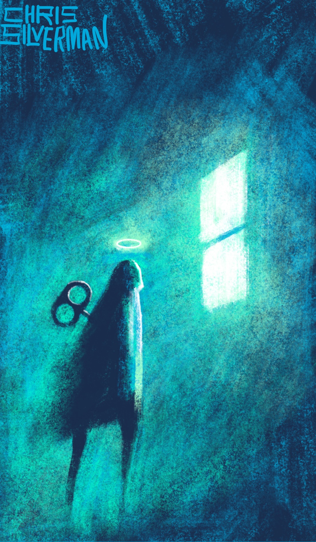 A dark, shadowy figure stands in the darkness under a glowing greenish-white window. The figure has a clock key sticking out of its back, and a glowing white halo above its head. It is standing in the green glow from the window. The painting is signed "Chris Silverman".