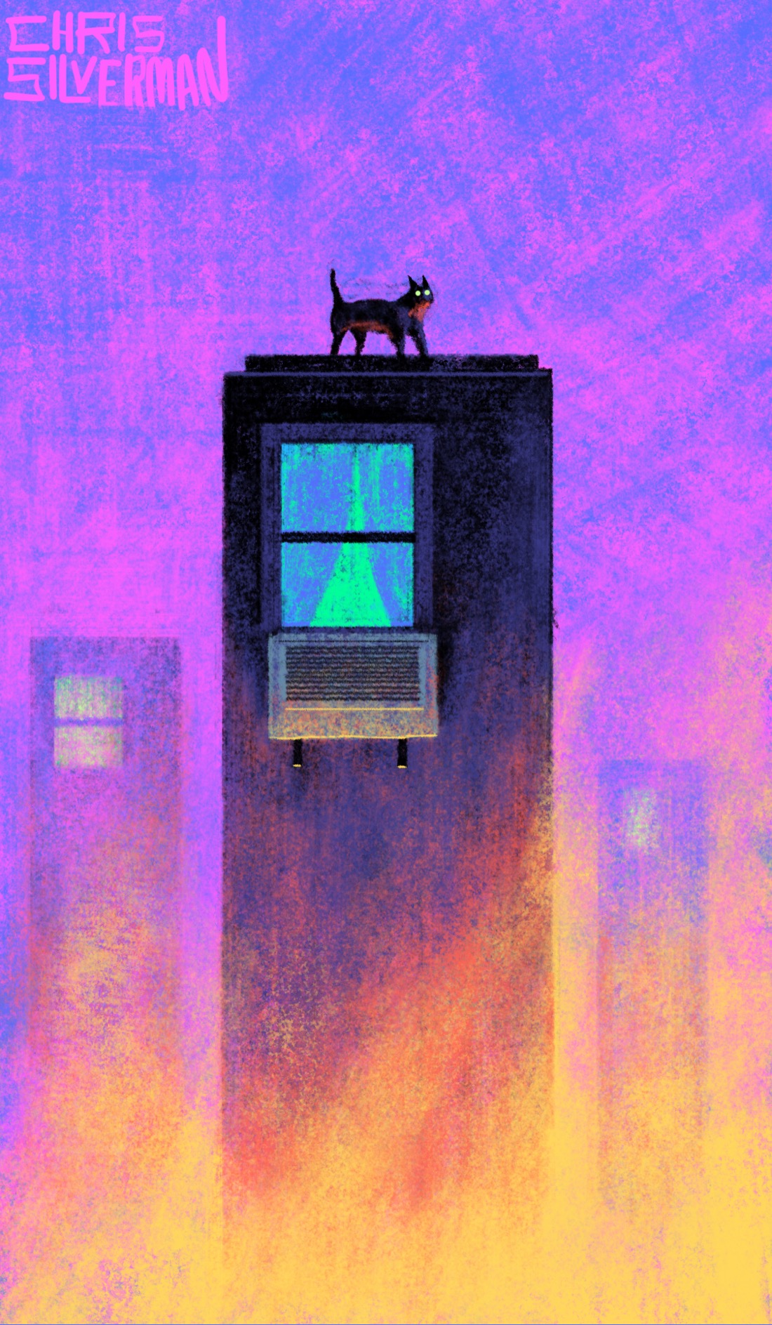 Three tall buildings rise from yellow flames, standing against a crimson purple sky. Each building is tall and narrow, with only one window in the top left. The windows glow green. The closest building has an air conditioning unit outside the window. A black cat with green eyes walks across its roof. The painting is signed "Chris Silverman".