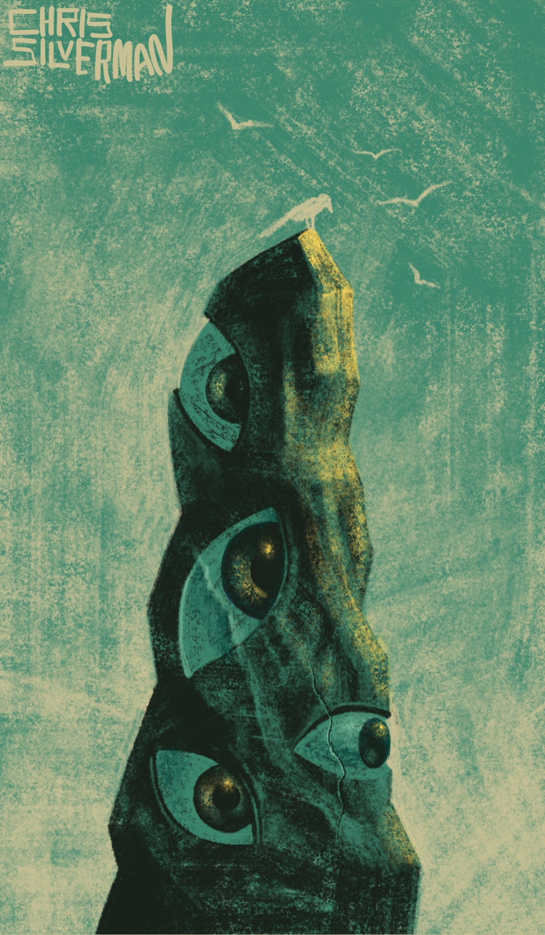 A rocky pinnacle reaching up into a greenish-tan sky. Birds circle around the pinnacle. Embedded in the pinnacle are four eyes at various angles. The painting is signed "Chris Silverman".