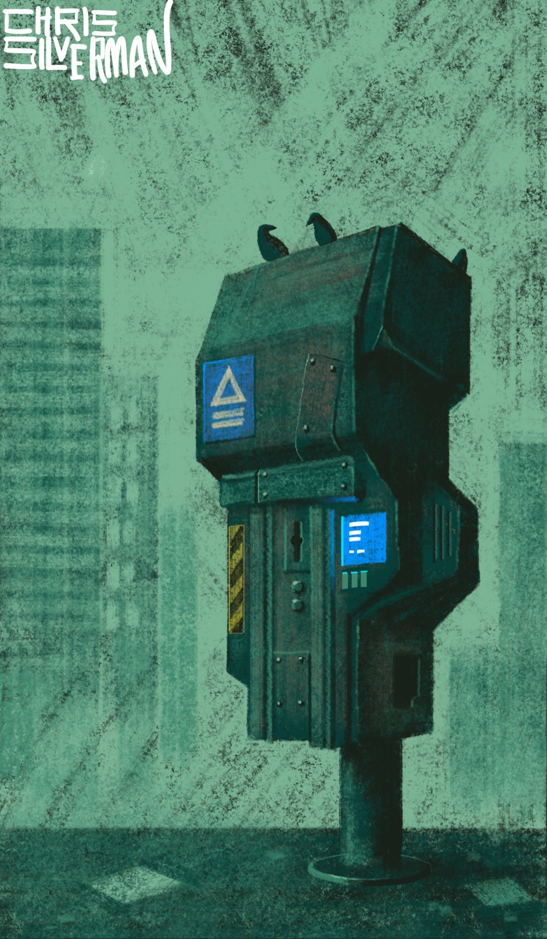 A drab, dirty sidewalk under a smoggy, pale-green sky. Mounted on the sidewalk is a large, indecipherable machine on a post. It is irregularly shaped, boxy, the same dull green color as its surroundings, with a glowing blue screen and small buttons and bolts. In one upper corner is a blue plate with a triangular symbol above several parallel lines. The meaning of the symbol isn't clear. The machine looks sort of like an alien parking machine. A few birds are perched on the top of it. In the background are the shadowy outlines of skyscrapers. The painting is signed "Chris Silverman".