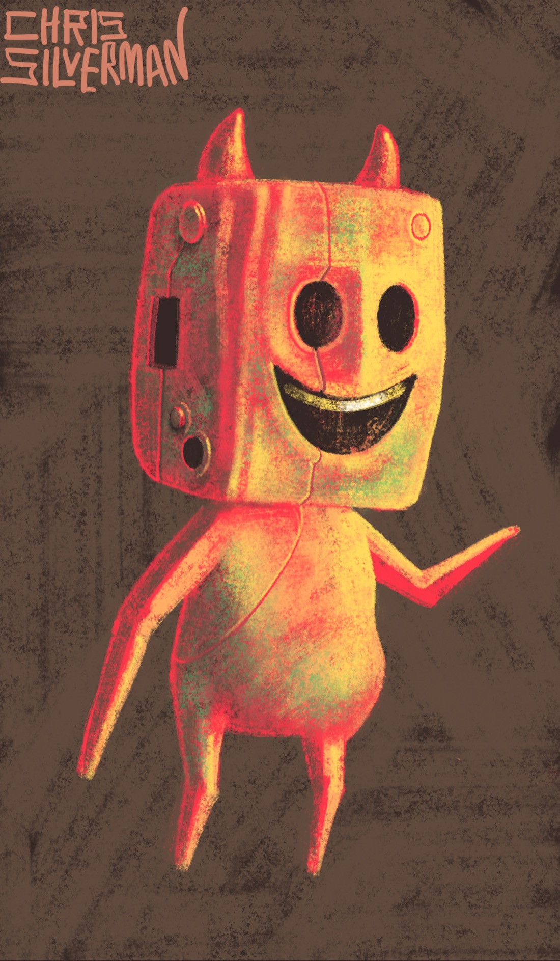 A reddish-yellow toy devil against a brown background. The devil's head has several seams, holes, and nubs; the kind you would expect on a cheap plastic toy. The devil's face is a simple emoji-style smiling face: empty eyes, teeth. One arm is raised. The painting is signed "Chris Silverman".