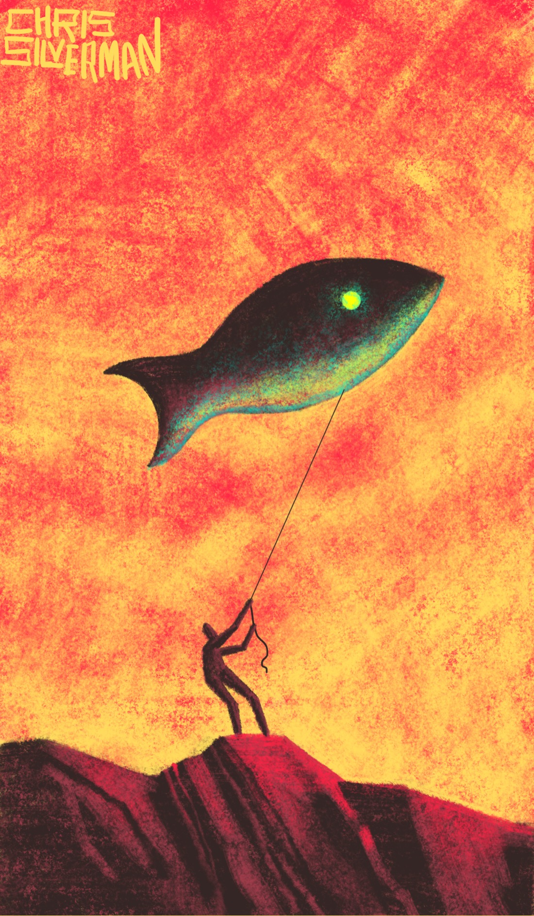 A person stands on a craggy mountain ridge, under a reddish-yellow sky. They are holding onto a rope, at the end of which is a fish-shaped balloon. The fish has a glowing green eye and is dark, with an iridescent green sheen to it. The painting is signed "Chris Silverman".