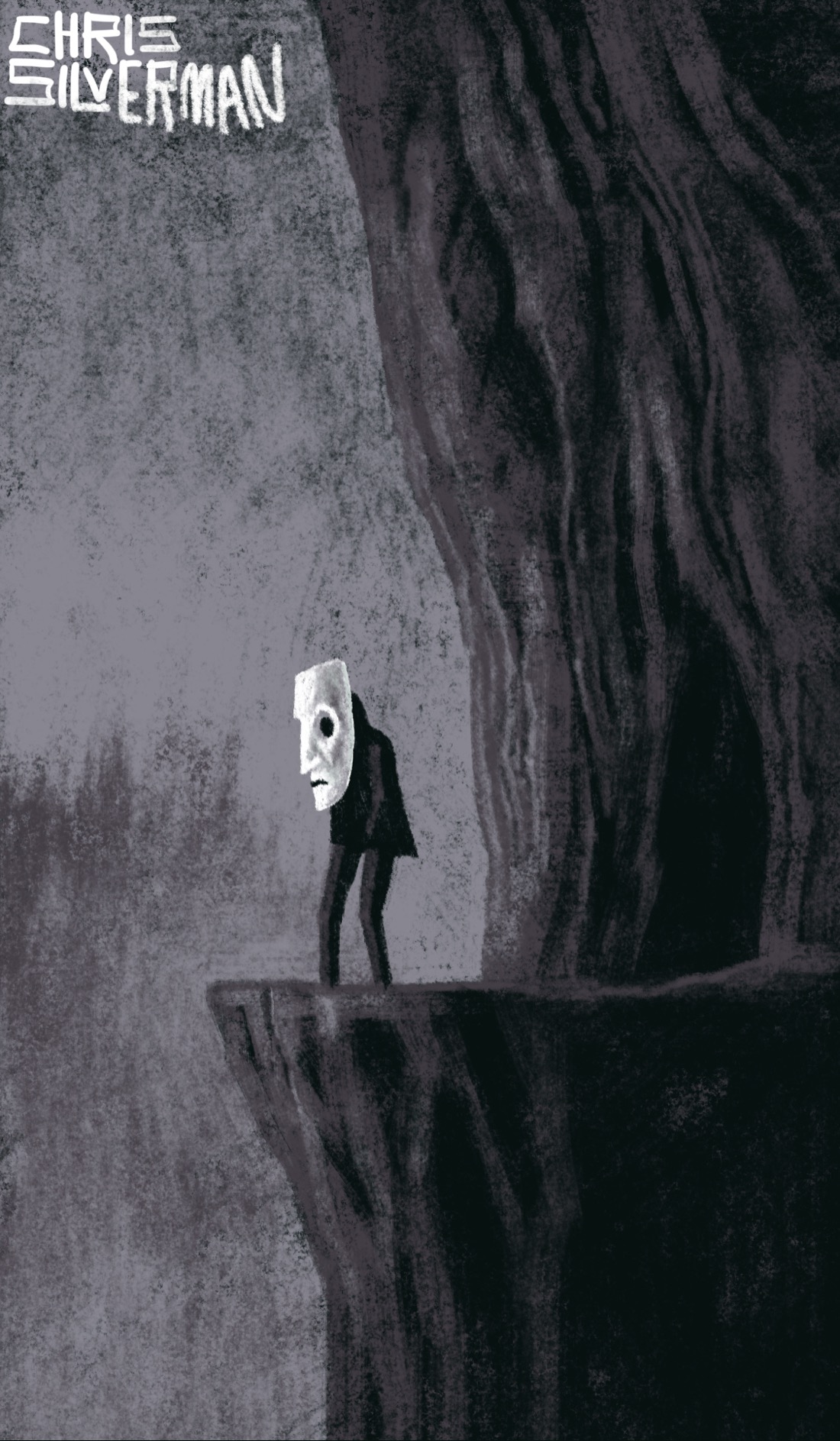 A dark figure wearing a large, white mask stands on a ledge in front of a cliffside cave, hands in its pockets. This is a primarily colorless scene: everything is a sort of lavender gray. In the background is a dim line of trees. The painting is signed "Chris Silverman".