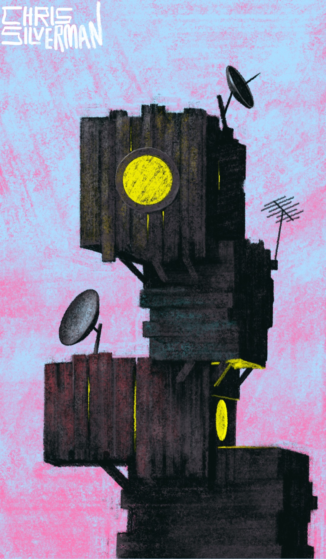 A rickety tower of stacked, roughly cubical, wooden shacks. Some have tinges of red or blue, like paint that has largely faded and flaked away. The topmost shack and one lower down have a round yellow window and dish antennae mounted on the top. Yellow light filters between the boards. The sky is blue, with pink on the horizon. The painting is signed "Chris Silverman".