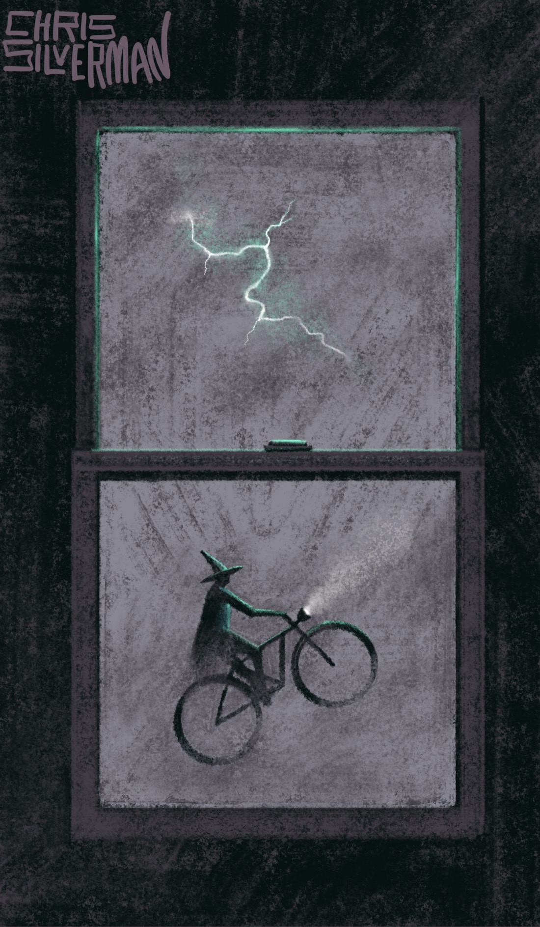 A view from inside a dark room, through a window at a stormy gray sky outside. Through the upper half of the window is visible a greenish-white cloud-to-cloud bolt. Below is a witch riding a bicycle, the headlight glowing in the clouds. The painting is signed "Chris Silverman".