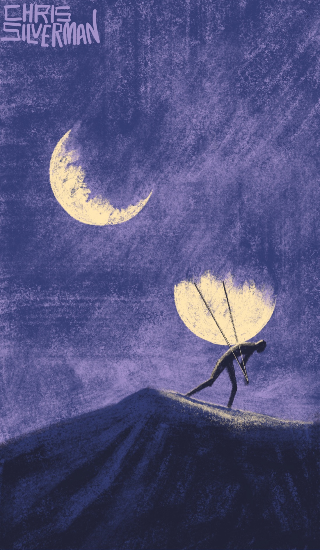 A slightly cloudy night: a blue sky with wispy purple clouds. An orange crescent moon, the edges of the crescent ragged, sits in the sky above a mountain. Running down the right side of the mountain, a large fragment of the moon strapped to its back, is a small figure. The painting is signed "Chris Silverman".