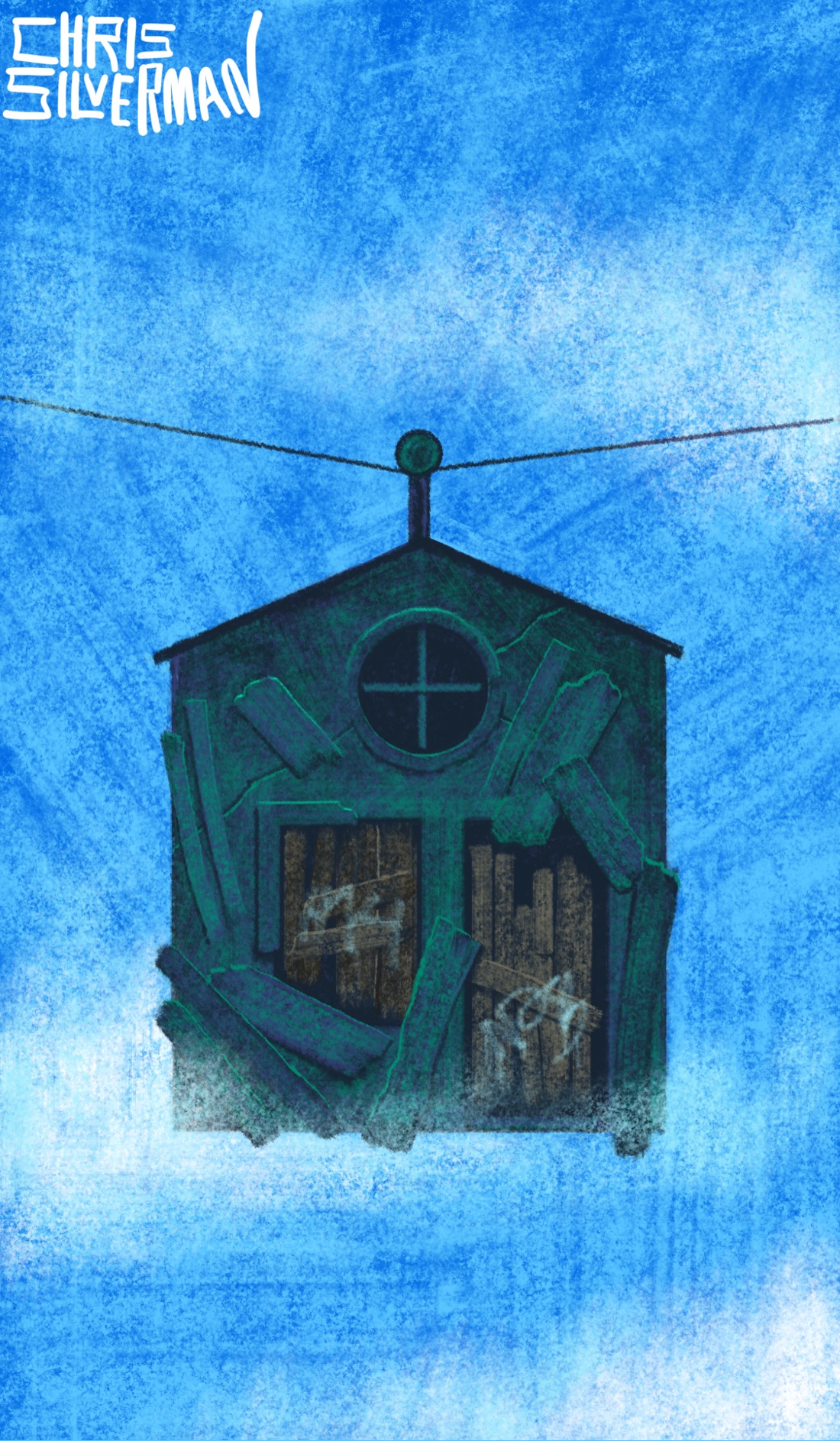 A dark green ramshackle house hangs from a pulley that rolls along a cable. The house is suspended in the middle of a slightly cloudy blue sky. It is heavily patched together with boards and has a few graffiti tags on it. It has a door, a window, and then a round window under the roof. The painting is signed "Chris Silverman".