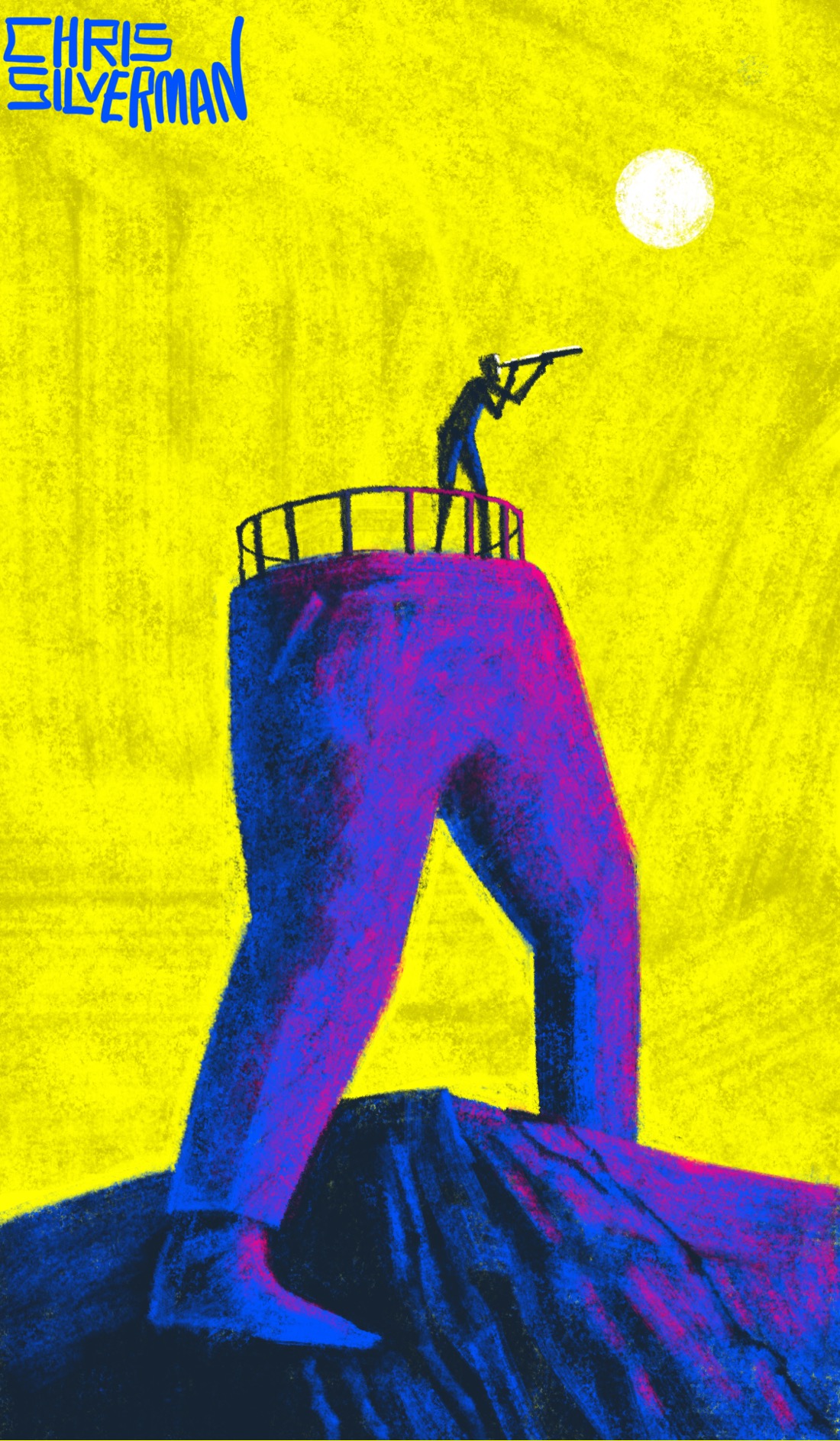 A vast pair of legs stands astride a blue mountain against a yellow sky. In the top right of the sky is a round yellow sun. At the waist, where the upper body would normally be, is a railing. A figure stands on top of the legs as though they're a raised platform. The figure is looking through a telescope. The front of the legs are slightly tinged with crimson light. The painting is signed "Chris Silverman".
