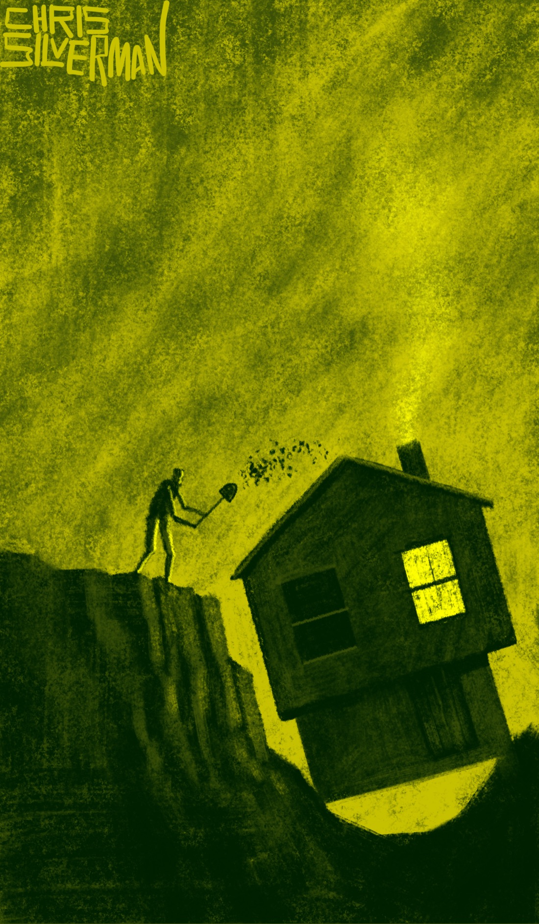 A small house sits in a giant hole. One of the windows is lit yellow. Smoke rises from a chimney. Above, the sky is slightly cloudy and a yellowish-green. Someone stands on the edge of the hole, rather uselessly tossing dirt onto the roof of the house. The painting is signed "Chris Silverman".