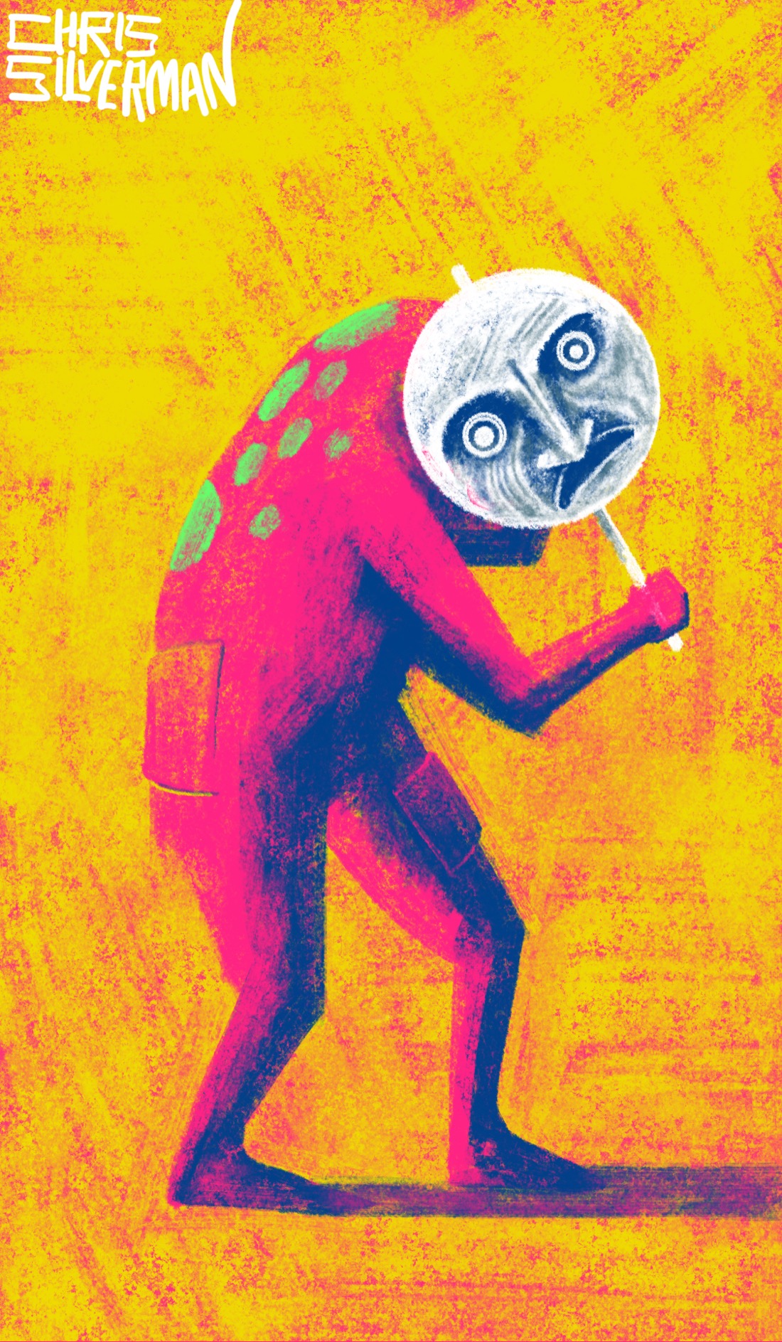 A hunched, neon-pink figure holds a white mask in front of its head. The mask is white and has a frowning, pinched face that looks like a gargoyle. The figure itself has bright green spots on its back, and a few small pockets at various locations on it. It casts a long shadow. The background is bright yellow. The painting is signed "Chris Silverman".