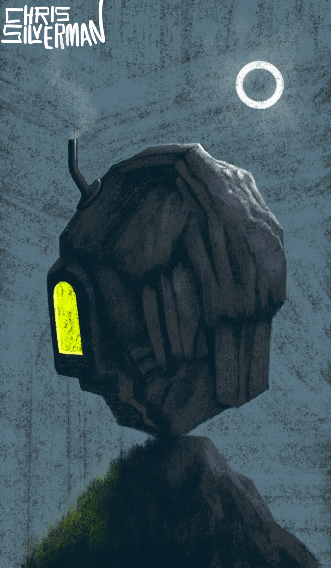 A large dark boulder purchased precariously on a small grassy hill at night. On the left side of the boulder is a glowing yellow window, indicating someone is inside. A small black chimney sticks out of the top left of the boulder. In the upper right of the dark gray sky is a glowing object that would look like a moon if it wasn't a white outline of a circle. The painting is signed "Chris Silverman".