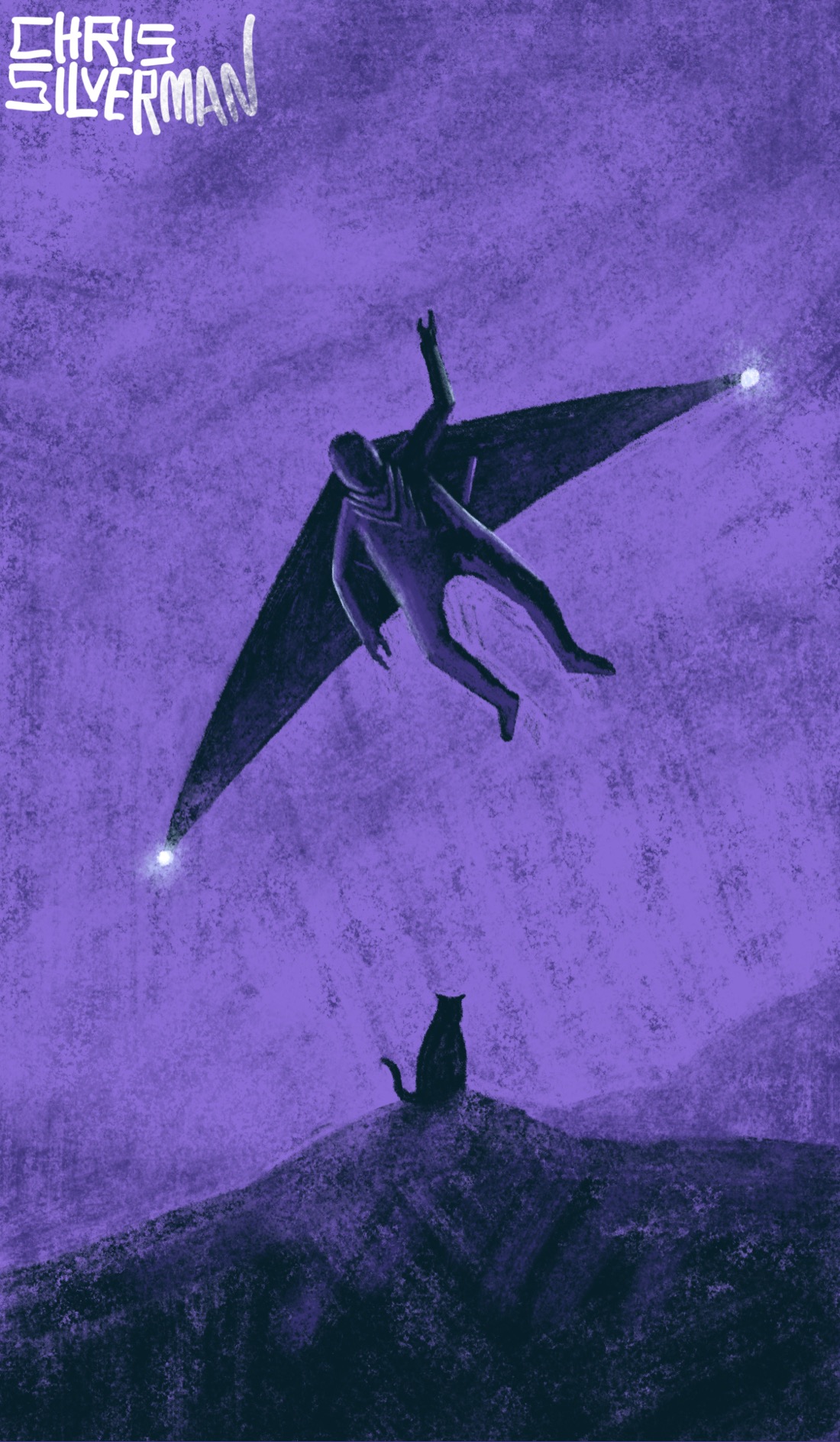 A cat sits on a small hill under a cloudy purple sky. Above, soaring low over the hill, is a person wearing a hang glider. The hang glider has a glowing white light on each wingtip. The painting is signed "Chris Silverman".
