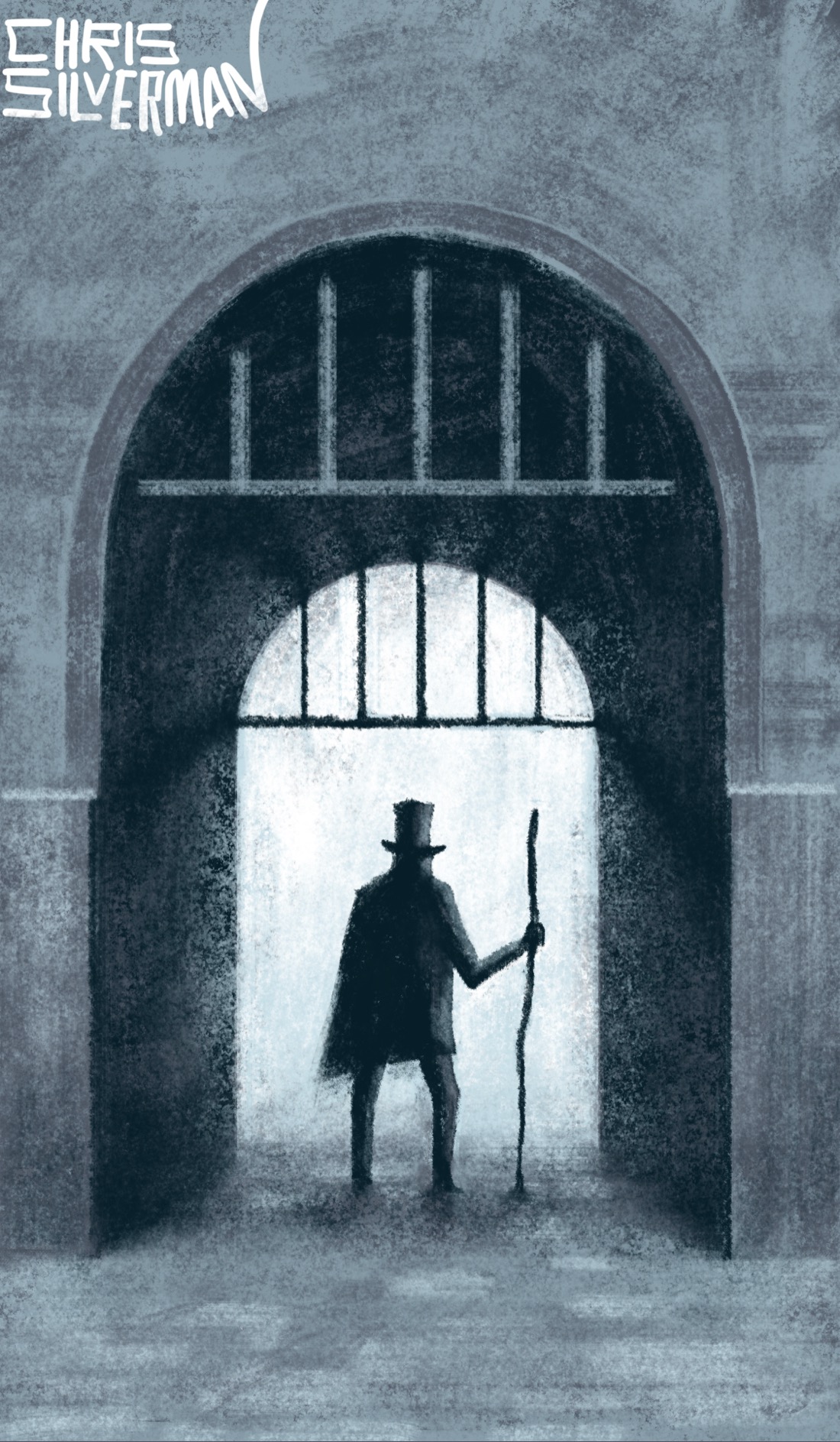 A tall figure wearing a cloak and a top hat walks through a stone archway. The figure is silhouetted in the white light blazing from the other end of the archway. They are holding a long staff. Iron bars are positioned at both ends of the archway. This is a primarily stone-gray painting, signed "Chris Silverman".