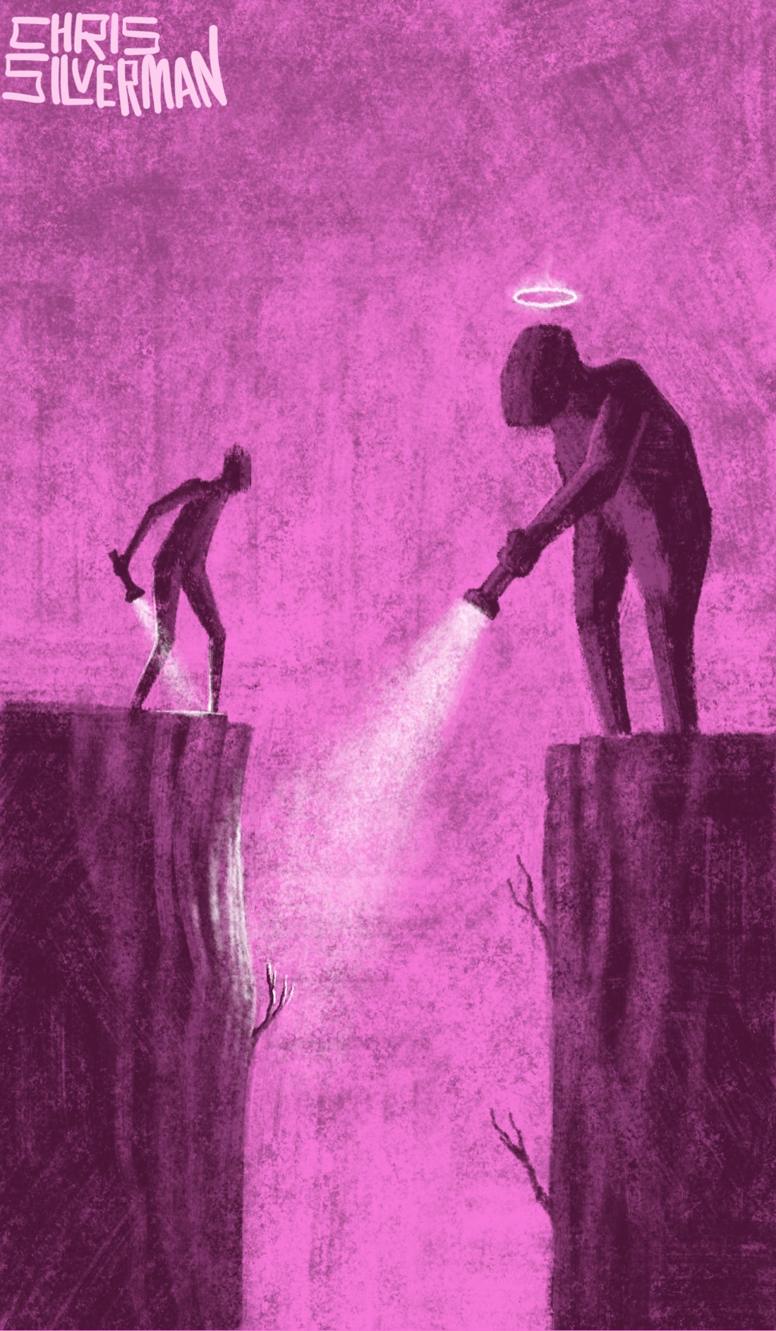 Two figures stand on opposite sides of a chasm, looking at each other. The figure on the left is smaller, and holding a flashlight pointed at the ground. The figure on the right is much larger and heavier, and pointing a flashlight in front of it, illuminating the cliff on the other side. There is a glowing white halo above its head. This is a primarily pink painting, signed "Chris Silverman".