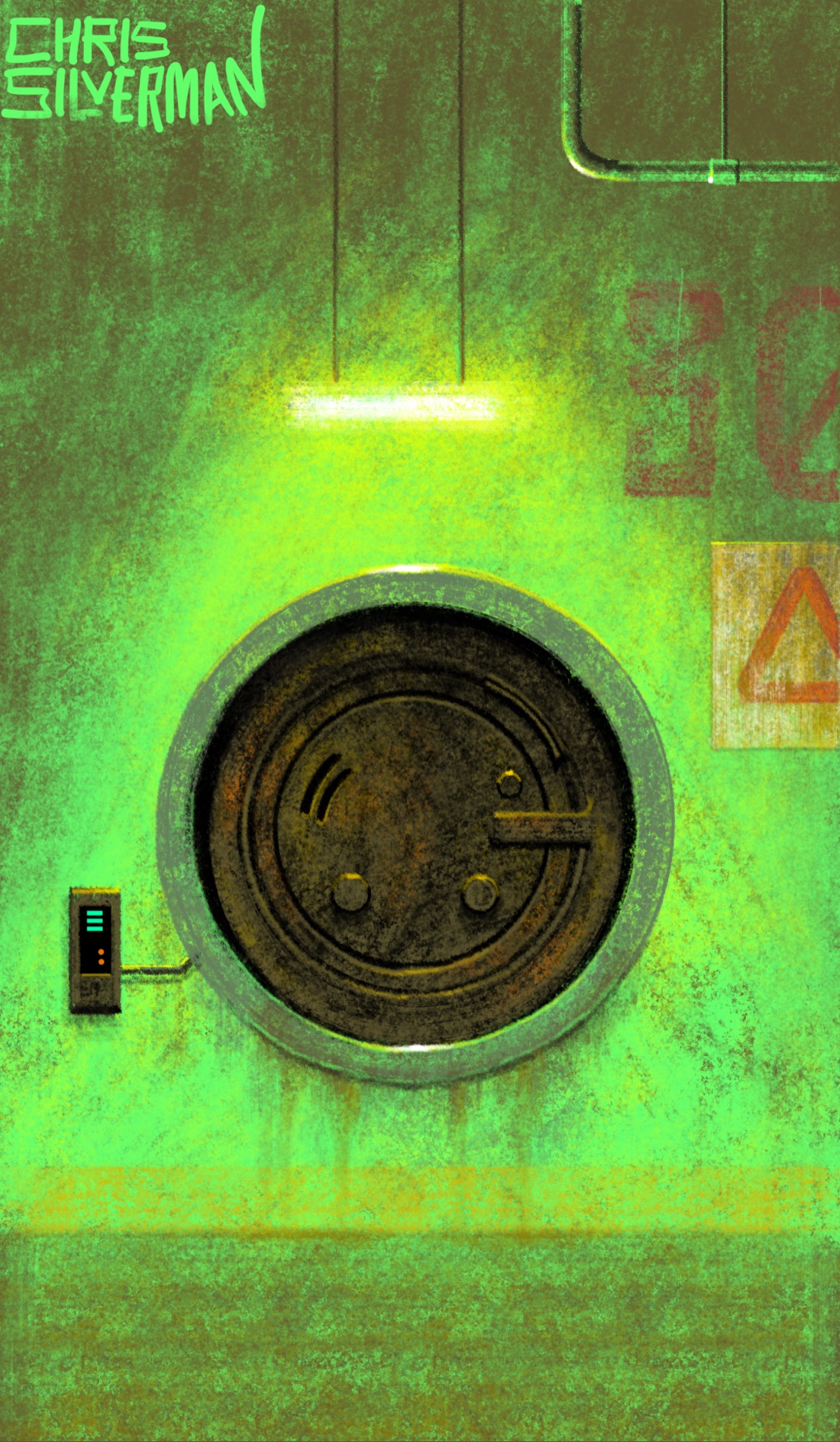 A large, rusty round door is embedded in a dull green concrete wall. The door, if that's what it is, has various bolts, vents, and complexities that make the purpose hard to define. To the left and connected to it is a small keypad with glowing green and red lights. Above it is a pipe, and a single glowing fluorescent light. On the wall above it is a faded stencil of "30" in red paint, and a grimy sign with a red triangle on it. The painting is signed "Chris Silverman".