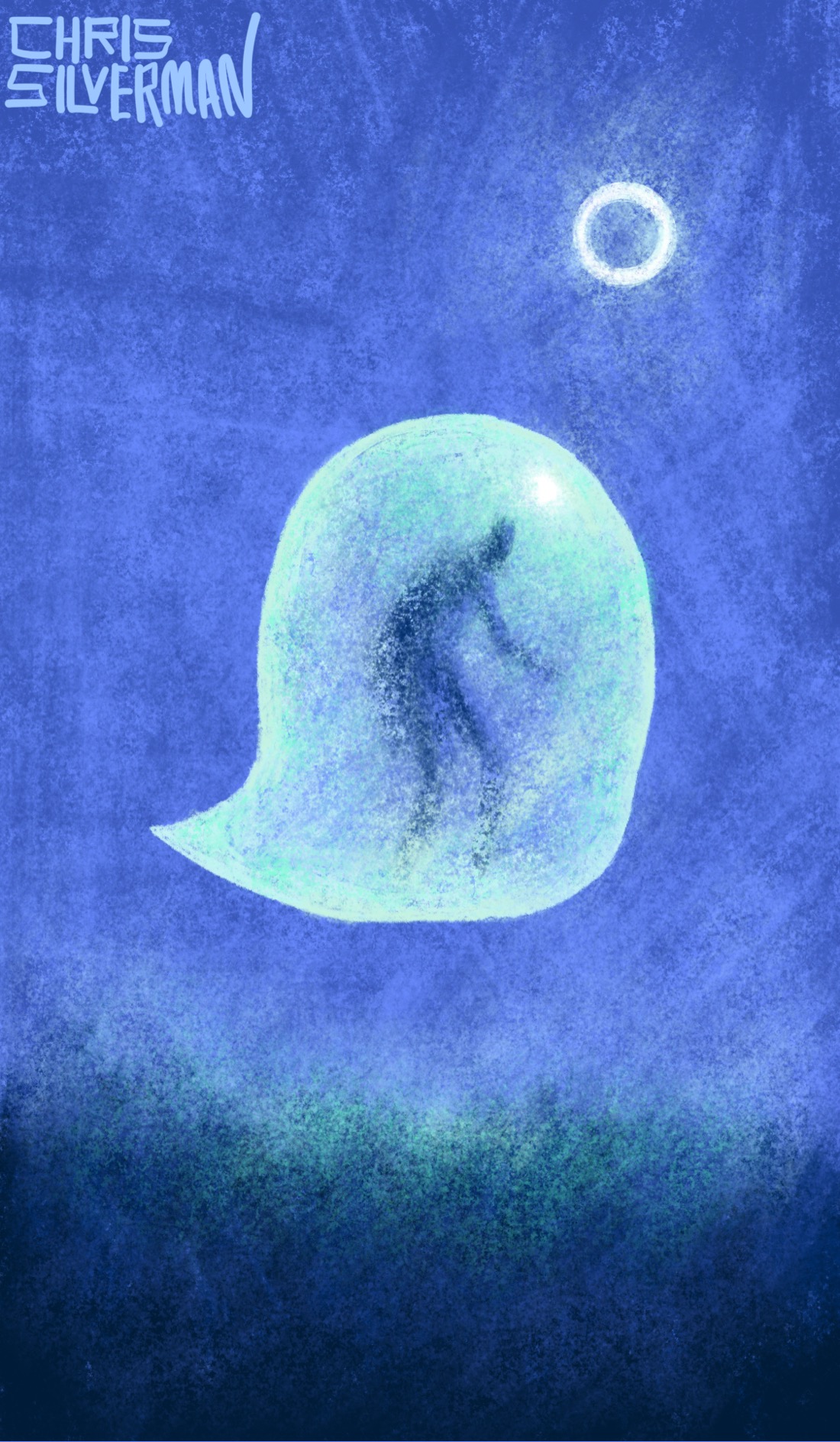 A greenish ghostlike bubble floats over a dark meadow through a blue night. Vaguely visible within the bubble is a person, one arm outstretched as though steering a vehicle. In the sky is a glowing white circle that would look like a full moon if it was filled in. The painting is signed "Chris Silverman".