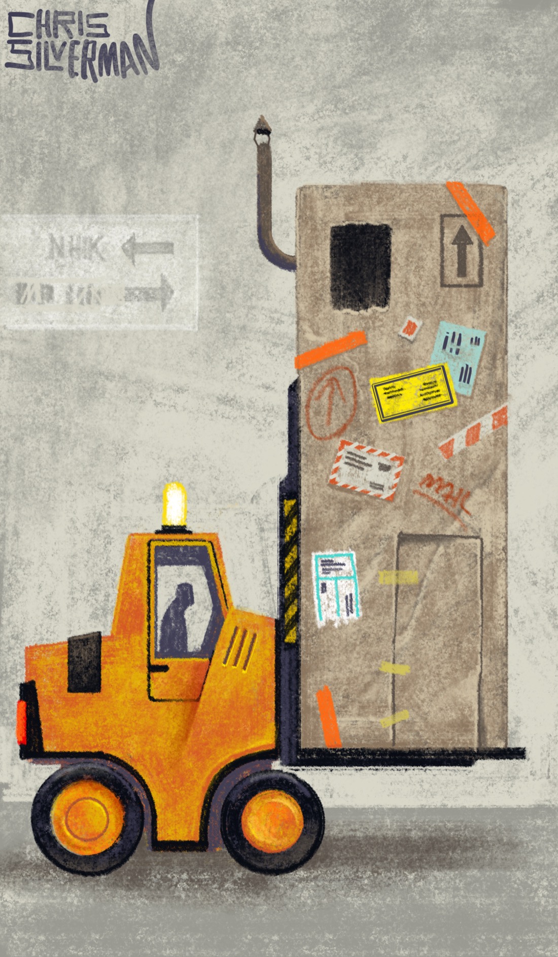 A person drives a bright yellow forklift which is carrying a very large, tall cardboard box covered with colored postal labels and tape. The box has a door roughly cut in it, an open window at the top, and a tall pipe chimney sticking out of the side. The forklift is in a dull concrete warehouse. Dimly visible in the background is an illegible sign with arrows. The painting is signed "Chris Silverman".