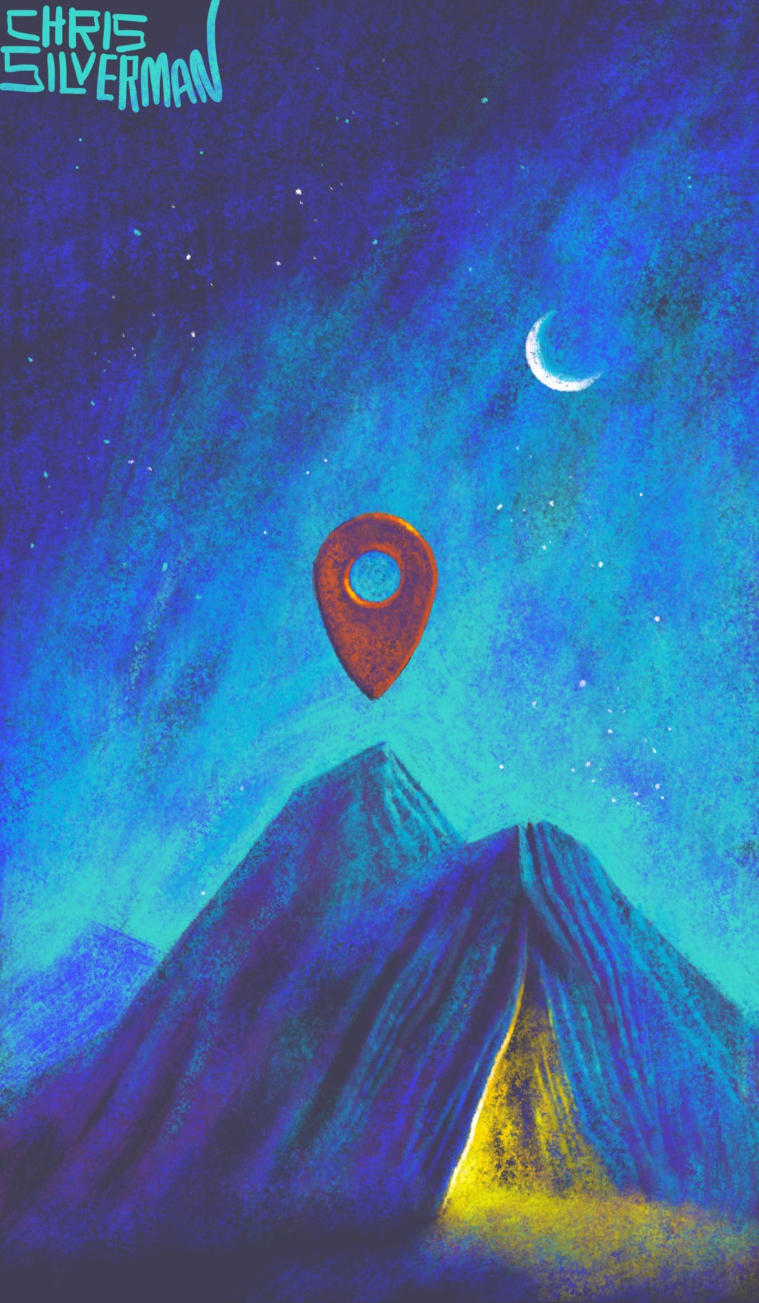 A dark mountain range under a deep blue starry night sky. Above the mountains is a light scattering of blue clouds. Hovering above one of the mountain peaks is a reddish object that looks like the location pin in Google maps. In the sky to the right is a white crescent moon. Below is a triangular cave in the mountain side, yellow light spilling out of the opening. The painting is signed "Chris Silverman".