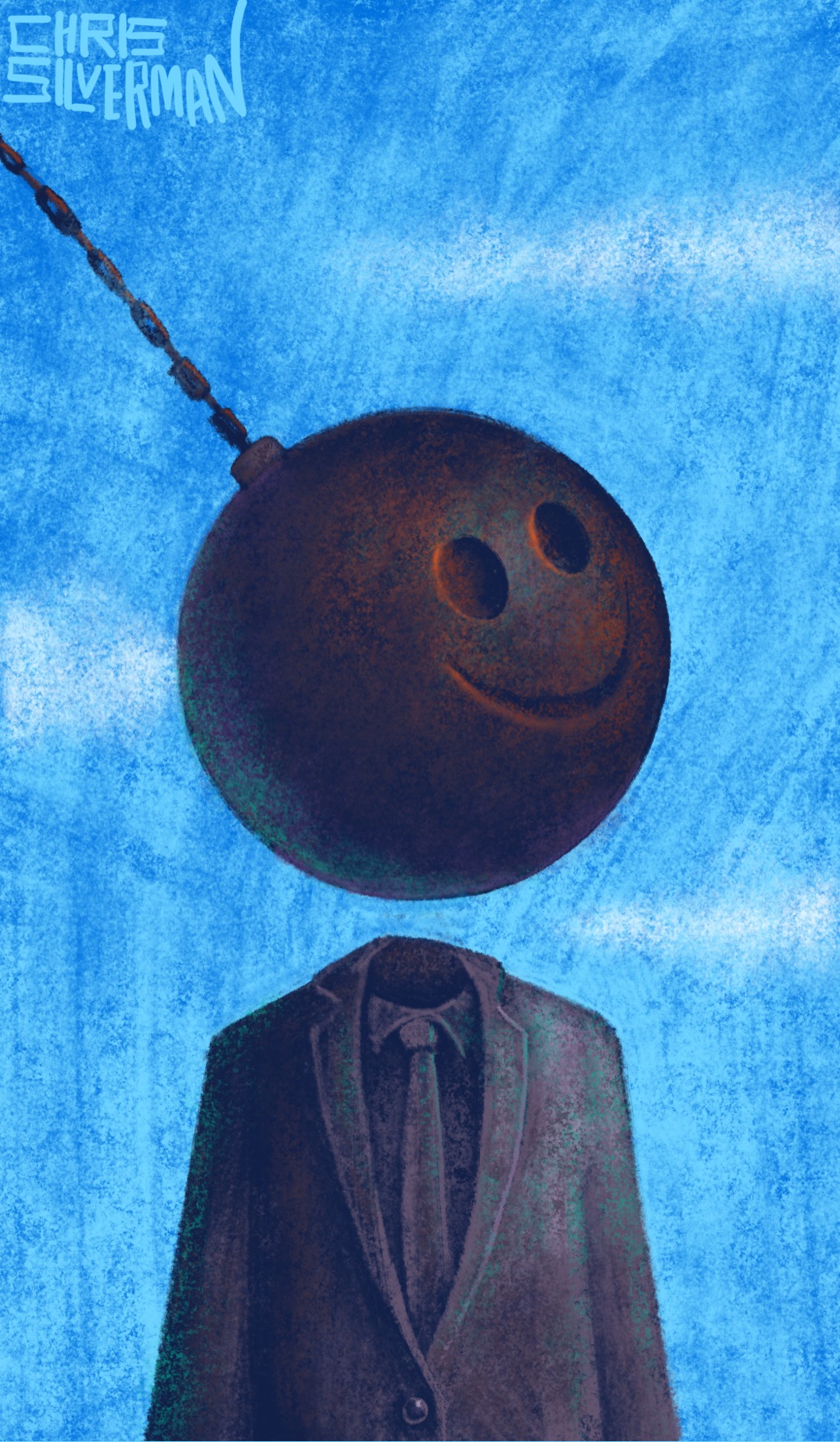 A person wearing a suit and tie stands against a blue sky with wispy white clouds. The person is made of tarnished, green-tinged metal, and is missing a head. Where their head would be is a rusty wrecking ball with a smiley-face embossed on it. The wrecking ball has temporarily swung into position, and is mid-swing. The painting is signed "Chris Silverman".