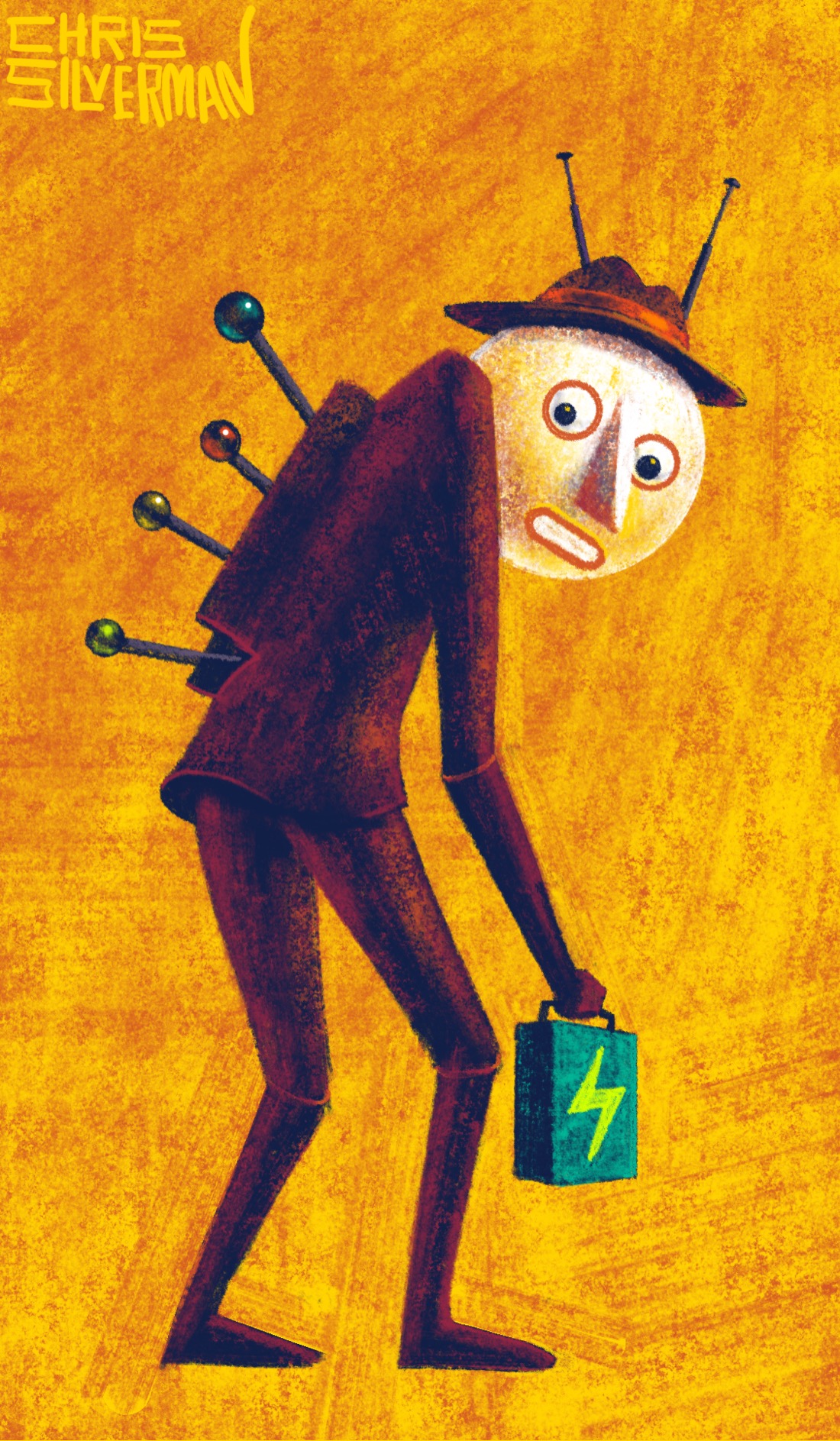 A tall humanoid robot walks in a bright yellow space, looking over its shoulder. It is wearing a brown suit, but its arms and legs are jointed, implying the suit is part of the robot's body. It also has a brown hat with a brim and an orange ribbon. Two doors in its back are open, with four control levers sticking out. In its right hand it carries a blue-green box with a neon green lightning bolt icon on it. Sticking out of its hat are two antennae. It has round eyes and a staring expression. The painting is signed "Chris Silverman."