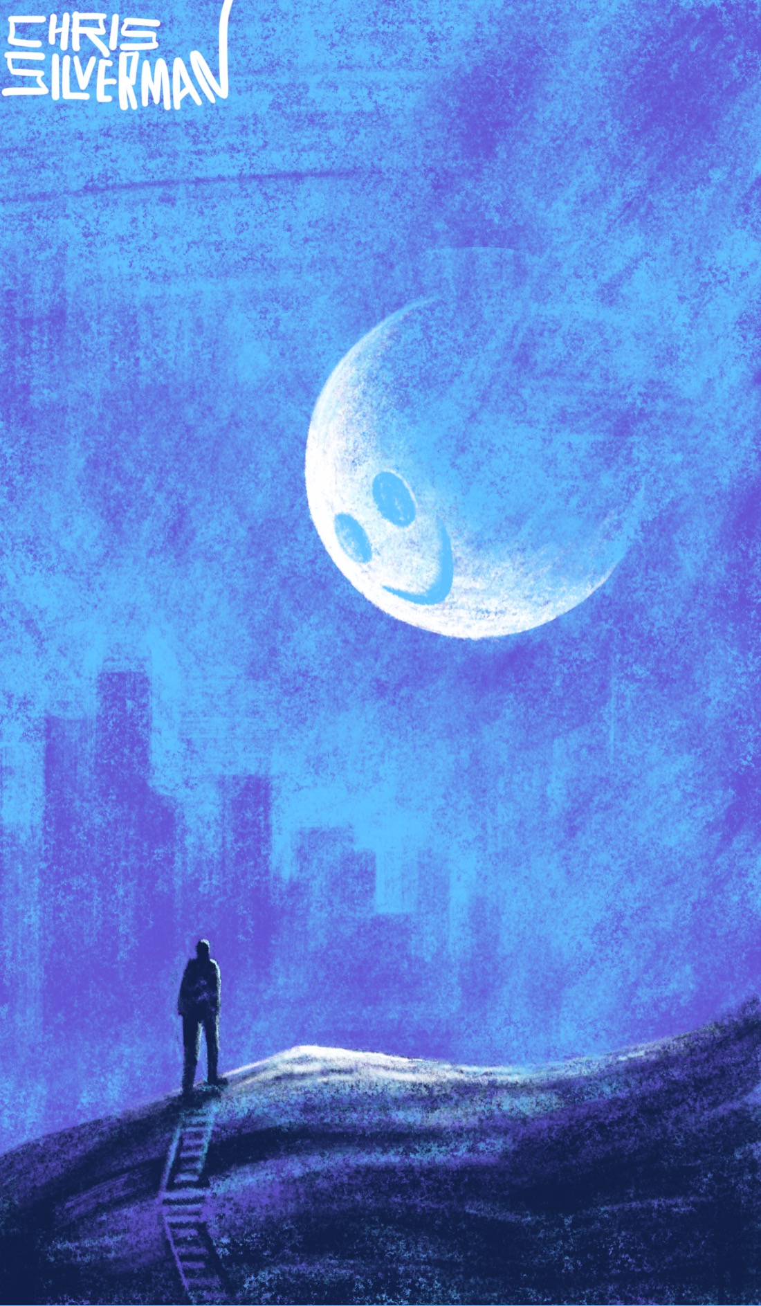 A blue night sky, with a light covering of purple clouds. In the distance is the purple skyline of a city. Hanging in the sky is an enormous white crescent moon, a smiley-face on its surface. In the foreground is a dark hill with a small staircase leading up it. Washing up the staircase is a small figure. The painting is signed "Chris Silverman".