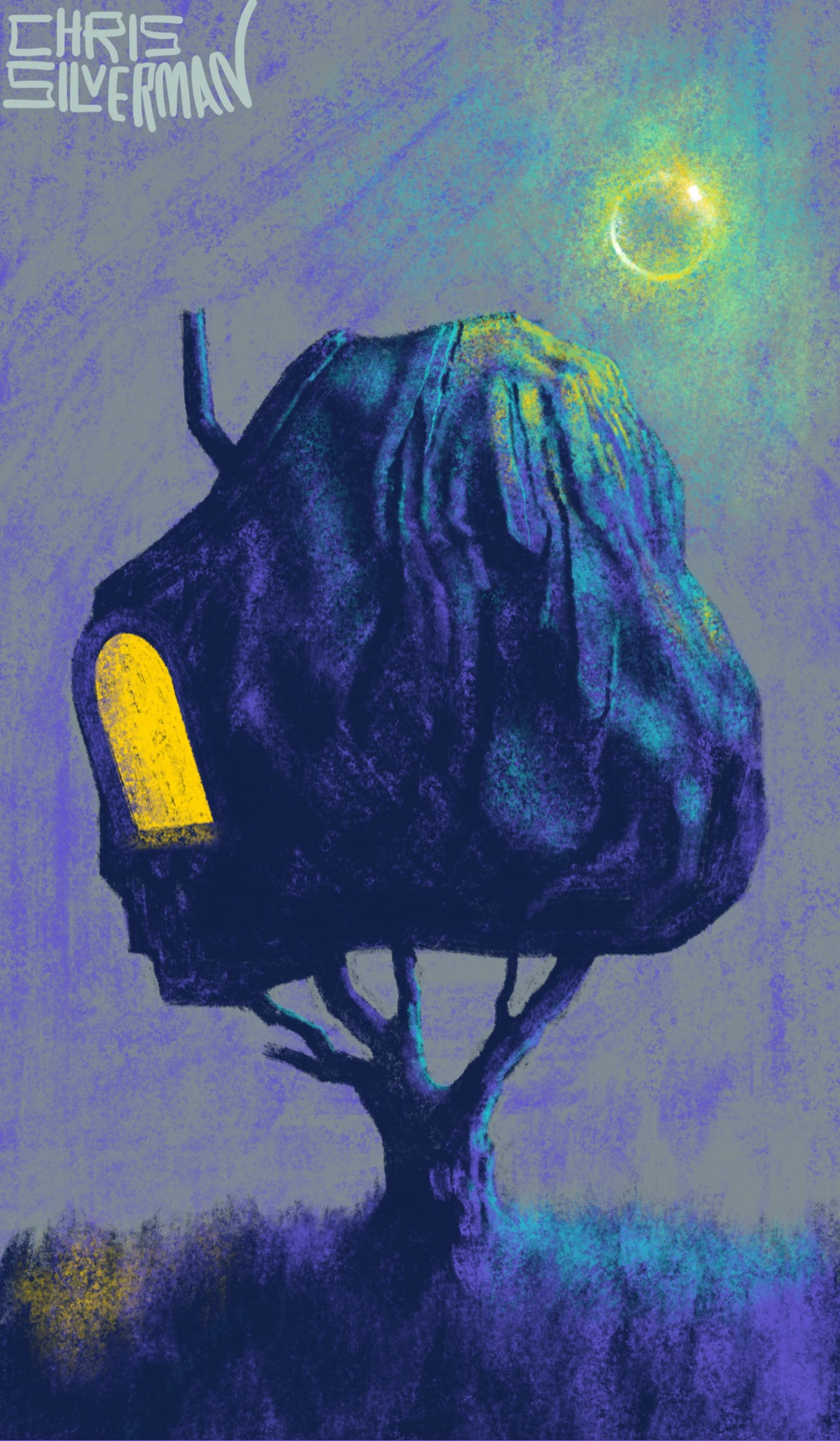 A gray night. Sitting in the middle of a meadow is a strange structure: what looks like a tree, with a trunk and branches, but where the leaf canopy would be is a giant boulder instead. On the left side of the boulder is a glowing, arched, yellow window. Sticking out of the top left is a small pipe chimney. In the top right of the sky, similar to the moon, is a glowing yellowish-green bubble. The boulder has a purple-green sheen with yellow highlights, reflecting the light from the bubble. The painting is signed "Chris Silverman".