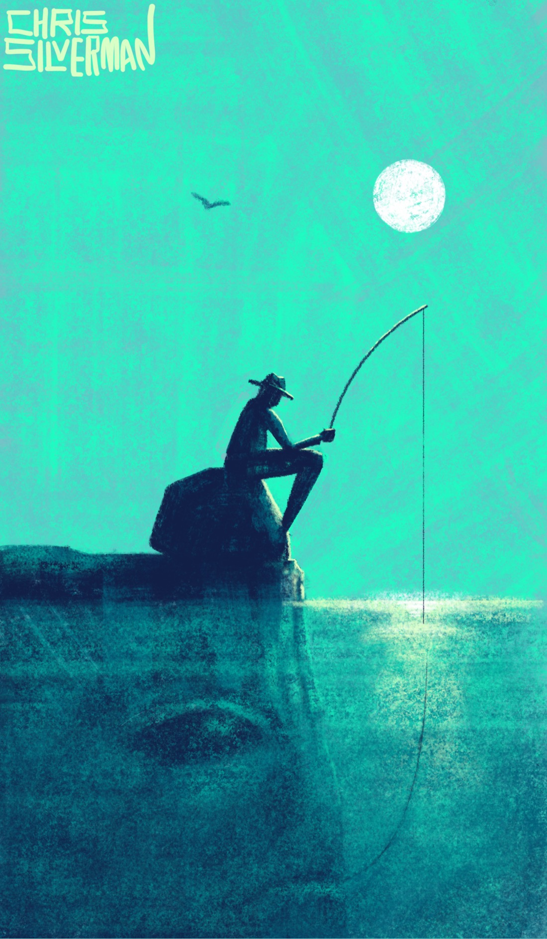 A person sits on a small rock on a shore, fishing. Above is a bright green sky, a round white sun, and a single bird. Below, under the water, on the submerged part of the land, is an eye; below, the fishing person's line leads into a mouth. The land is alive. The painting is signed "Chris Silverman".