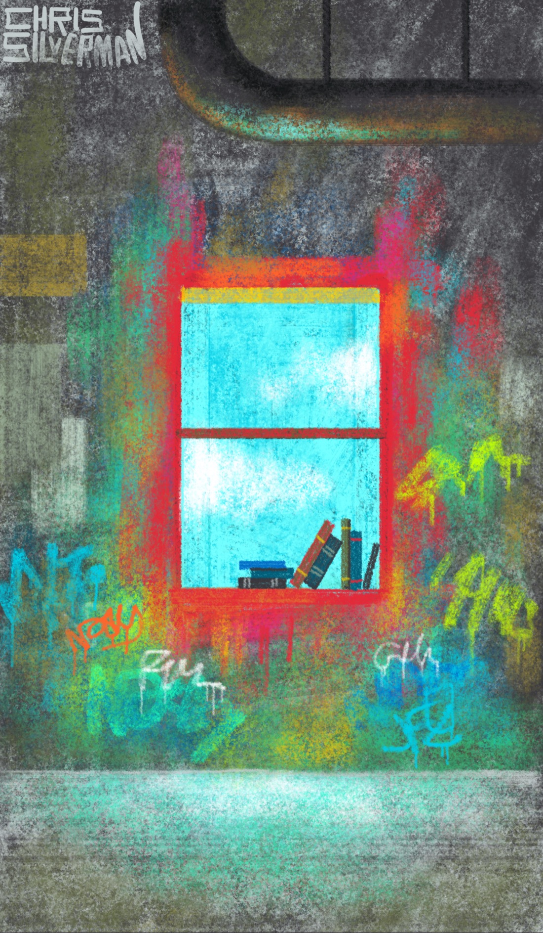 A small window in a concrete room looks out on a blue sky with a few clouds. The walls of the room are covered with garish paint and graffiti. The window itself is framed with red paint, clearly not professionally done. Above the window is a heavy metal pipe hanging from the ceiling. Placed on the windowsill is a row of books. The painting is signed "Chris Silverman".