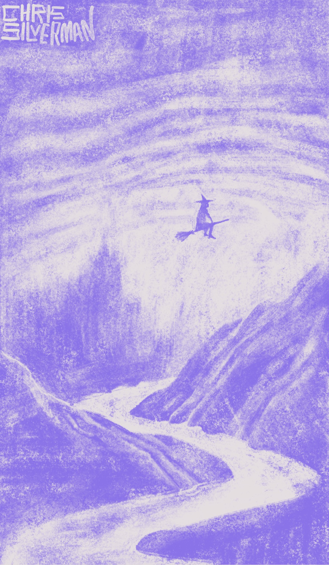 A scene rendered in light purple. It looks a bit like a woodcut. A winding river flows through a mountainous landscape, with a blurry forest in the distance. The sky is heavy with clouds. Flying through the sky in the distance is a witch on a broomstick. The painting is signed "Chris Silverman".