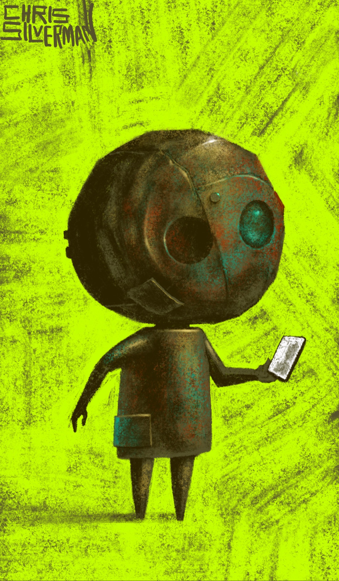 A small humanoid machine stands in a bright green space. The humanoid is a tarnished coppery color, and has a large, lopsided metal head with bolts and seams in it. There isn't much to its face other than two round holes, one of which has a greenish glass lens in it. Its body is the size of its head. In its left hand, it is holding a mirror, which it is peering at. The painting is signed "Chris Silverman".
