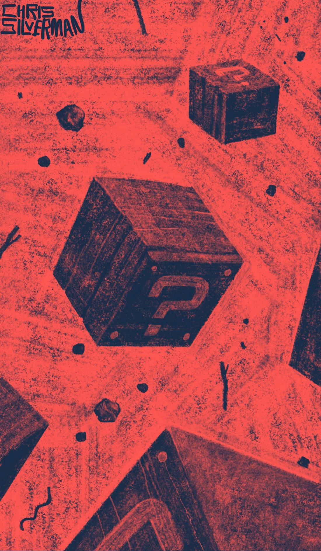 A red space in which float multiple black cubes, each with a question mark on one side. Around the cubes are also floating bits and pieces of unidentifiable debris. The painting is signed "Chris Silverman".