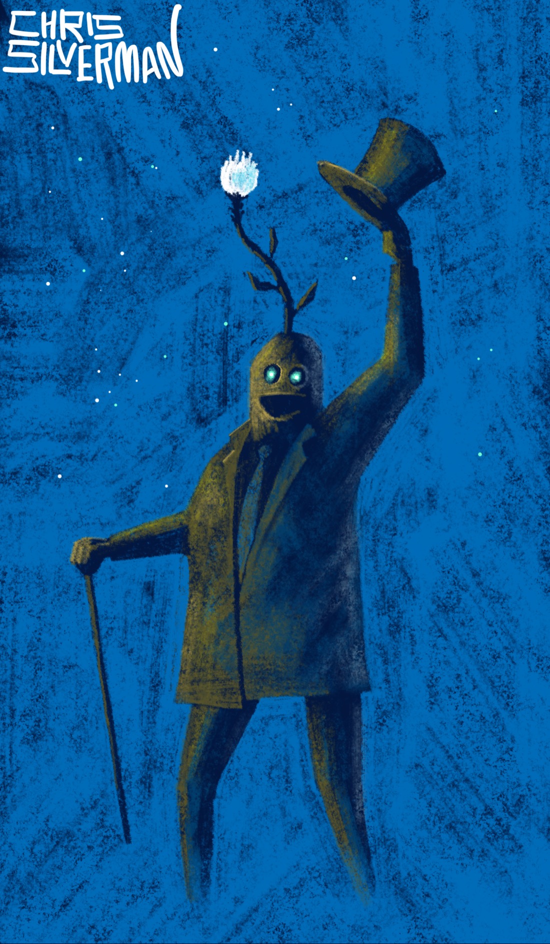 A figure wearing a gray suit and tie strides through a blue, starry night. The figure is carrying a cane and raising a top hat, turning to smile at the viewer. The figure has a shapeless head and a face that is no more than a smiling mouth and two glowing white eyes. Growing out of the top of its head is a white flower. The painting is signed "Chris Silverman".