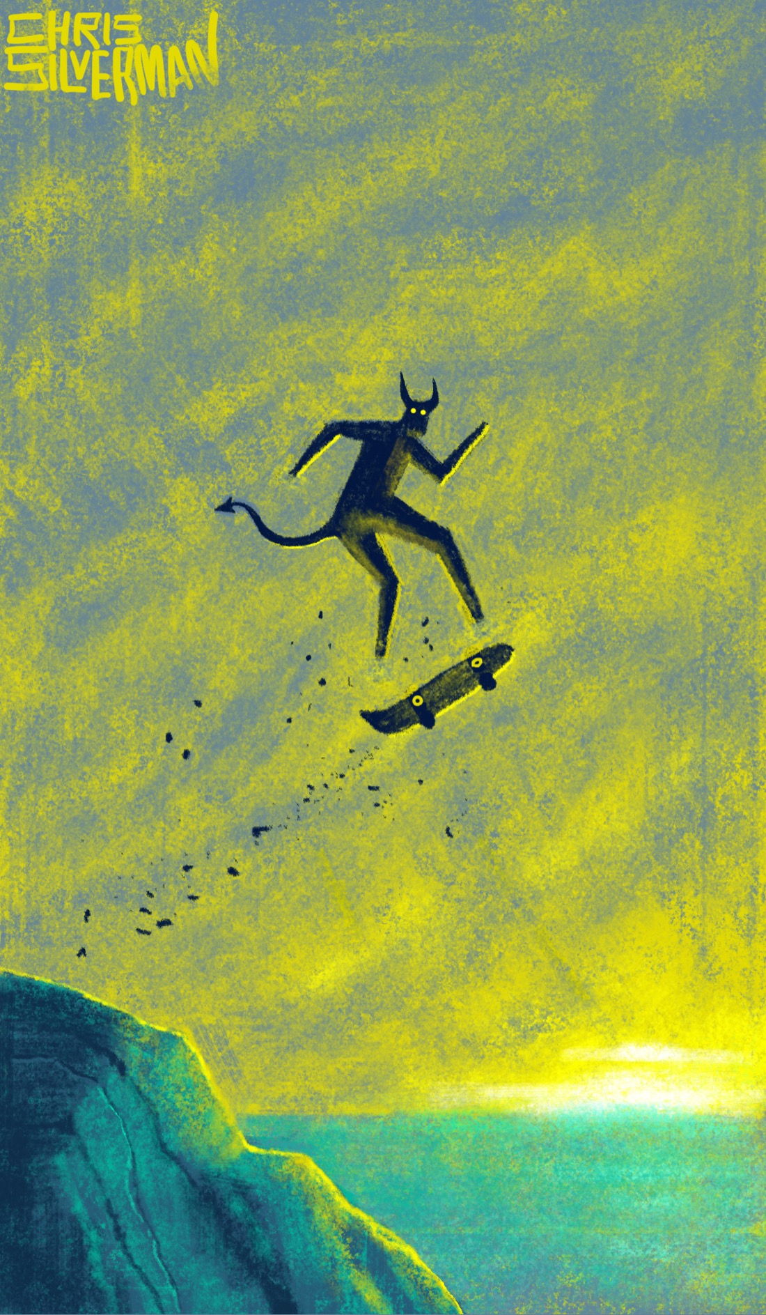 The sun sets over a blue-green ocean, turning a gray sky yellow. In the foreground is a rocky cliff. Soaring off the cliff, accompanied by bits of flying debris, is a horned figure on a skateboard. The painting is signed "Chris Silverman".