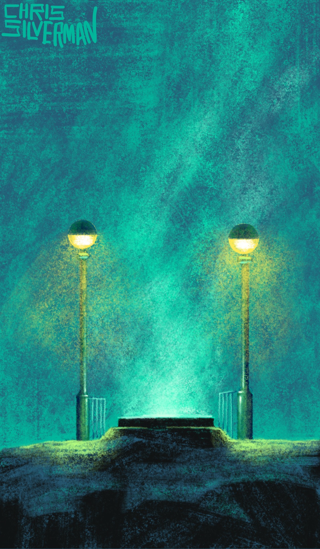 A slightly raised orifice sits on a rocky surface under a heavy, starless night sky. Greenish light and smoke rise from the orifice. On both sides of it are two railings attached to green poles with yellow lights on top, like those you find at the entrances of New York City subway stations. They are casting a yellowish glow. The painting is signed "Chris Silverman".