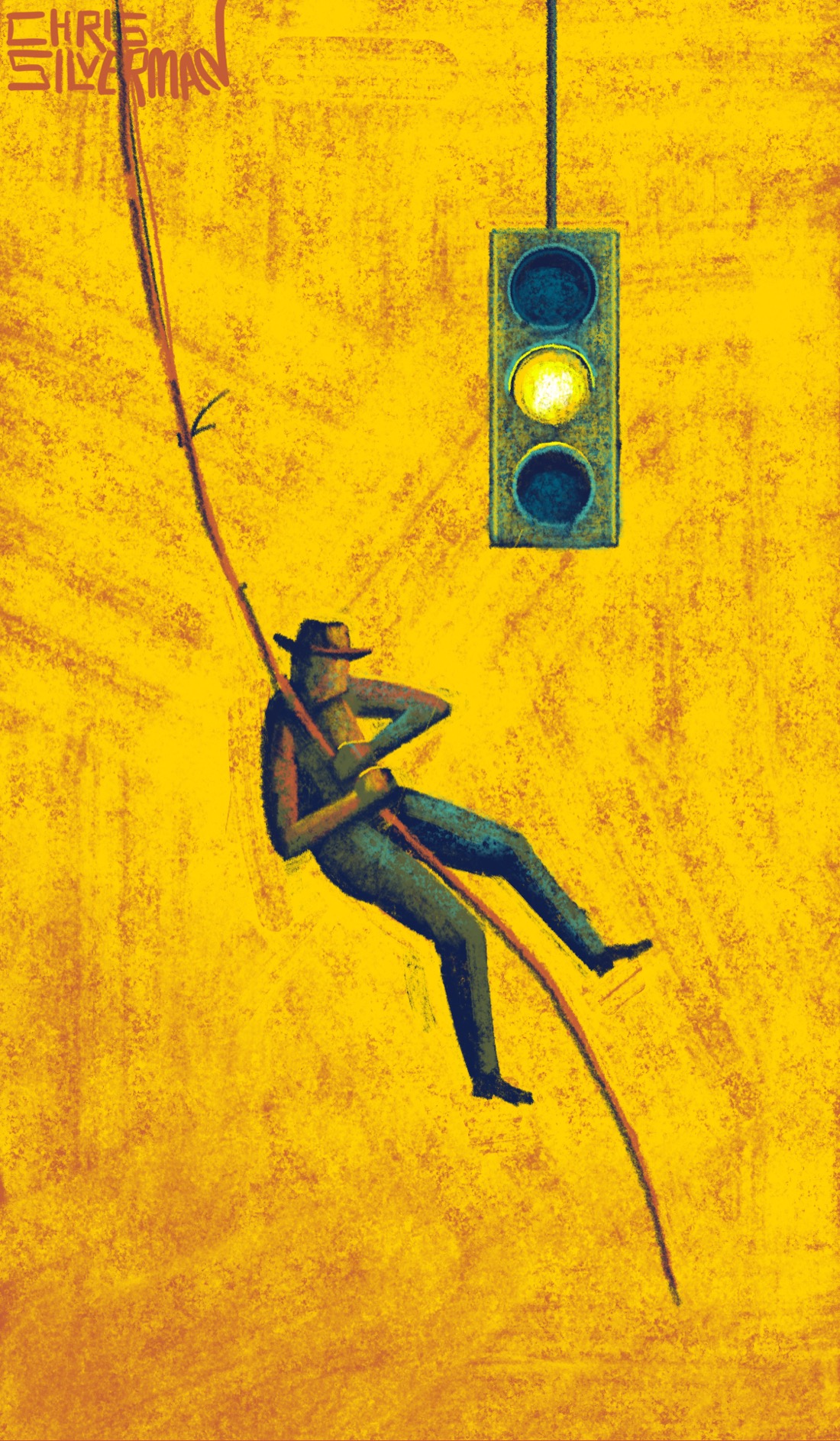 A person wearing a cowboy hat clings to a rope or vine, swinging out into an empty yellow space. They are approaching a traffic light, also hanging in space, fixed to an unseen anchor. The light is set to yellow. The painting is signed "Chris Silverman".