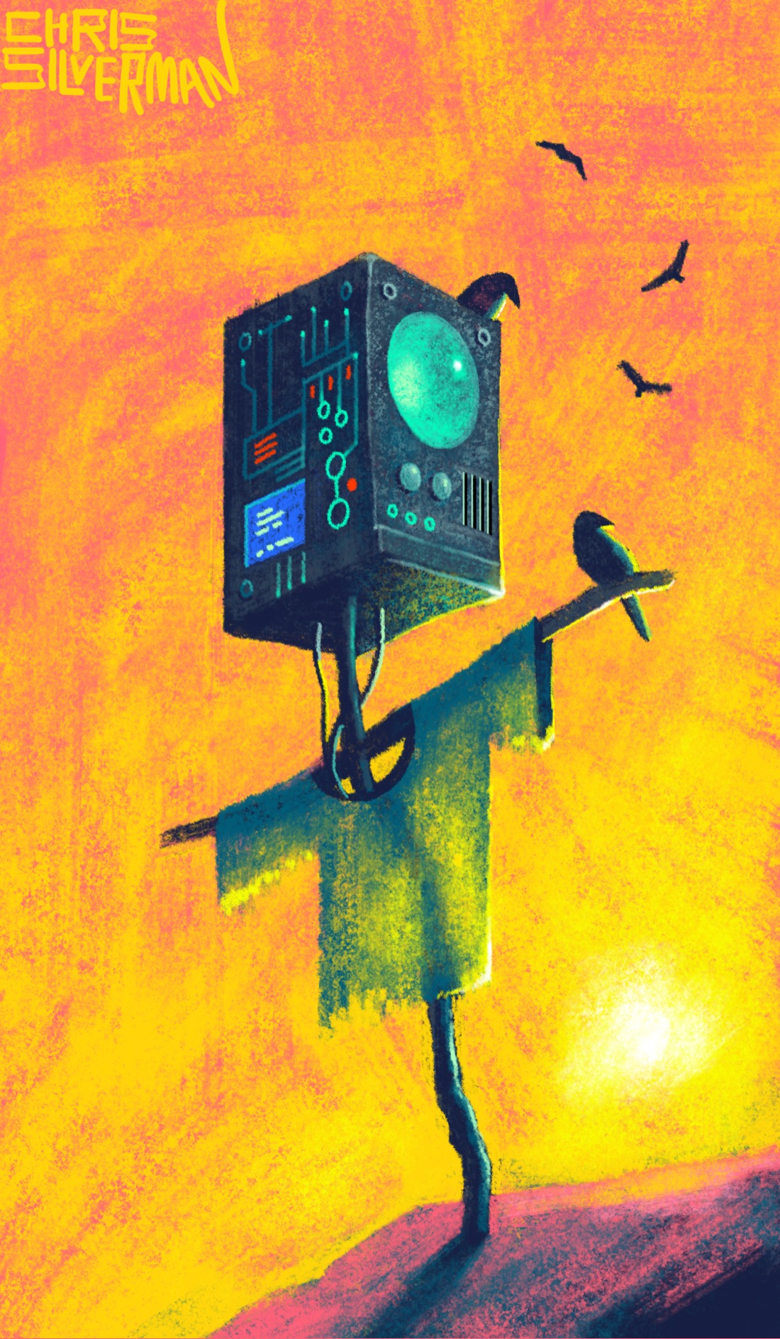 A scarecrow-like figure stands in a barren space under a yellowish-pink sky. It looks like a rough cross wearing a thin blue shirt through which the sunlight is shining through. Where its head would be is a black boxy gadget of indeterminate purpose. The gadget has a large green screen or lens, with smaller screens, lights, and dials on it. Wires lead down from the box. A few birds perch on the figure, and more circle in the sky above. In the lower right of the drawing, the sun blazes against the horizon. The painting is signed "Chris Silverman".