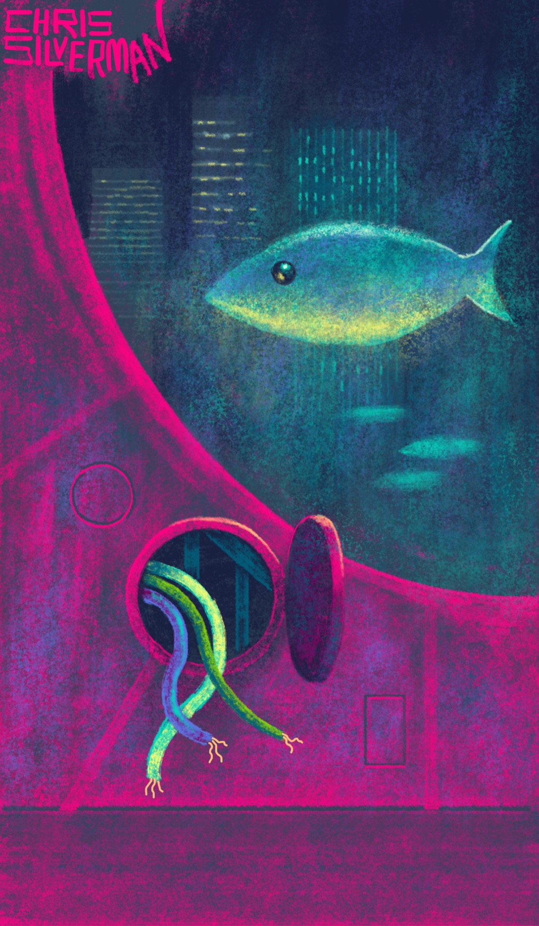 A large blue-green fish with a shiny black eye is seen through a giant round porthole window. There are dark skyscrapers and scattered yellow and turquoise windows behind it. The interior of wherever the viewer is is painted hot magenta and has an open round service hatchway in the wall; several thick green, yellow, and purple cables curl out of it. A heavy round door is open next to the hatchway. The painting is signed "Chris Silverman".