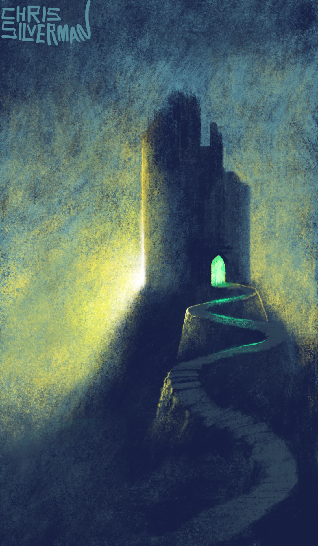 A dark, crumbling castle rises from a shadowy blue-green landscape. The sun blazes behind it at the base, casting a blur of yellow light into the sky and reflecting off the side of the castle. A small arched doorway near the base glows bright green. In front, a winding gray path curves toward the foreground, the greenish light from the doorway reflecting off it. The painting is signed "Chris Silverman".