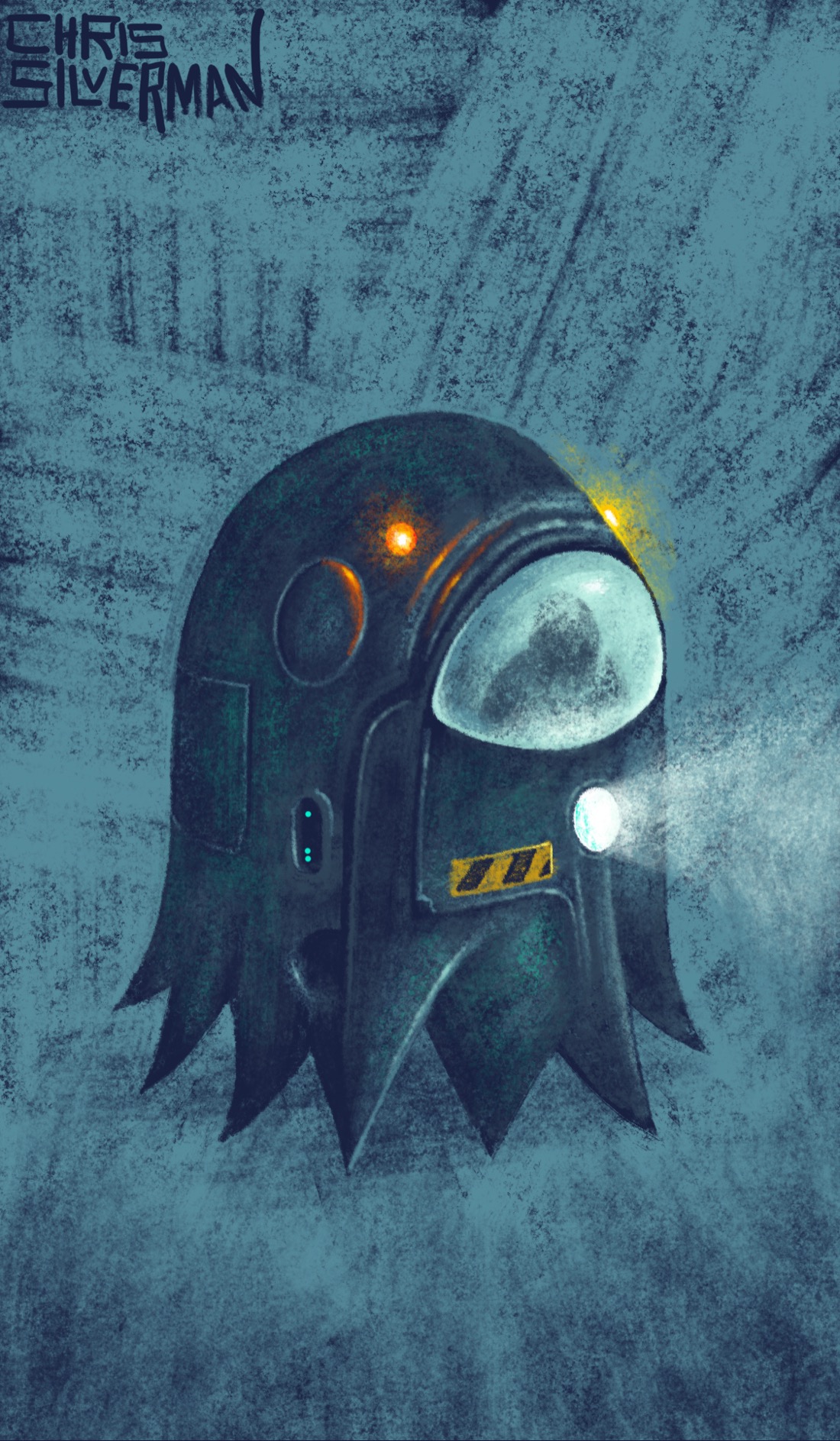 A dark, squat robot wanders across a mottled blue-gray space. Its rounded body ends in several ragged pointed flaps, and a large pale blue glass visor dominates the upper right side. A person is dimly visible through the visor. Small orange and yellow indicator lights glow along its top, while a bright white circular lamp shines on the front. A yellow-and-black hazard stripe and tiny turquoise buttons sit on its front and side. The painting is signed "Chris Silverman".
