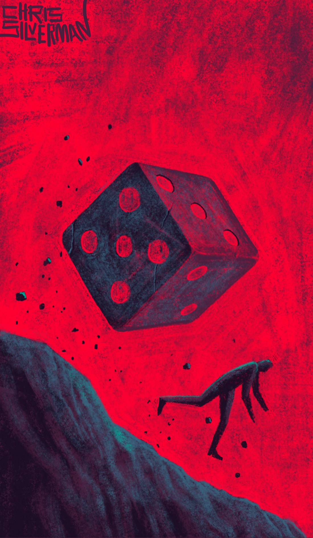 A huge dark blue-black die tumbles down a steep, rough-textured blue-gray slope, under a blazing red sky, red pips visible on three faces. Small black and turquoise fragments scatter beneath it. At lower right, a thin black figure stumbles downhill, barely ahead of the die. The painting is signed "Chris Silverman".