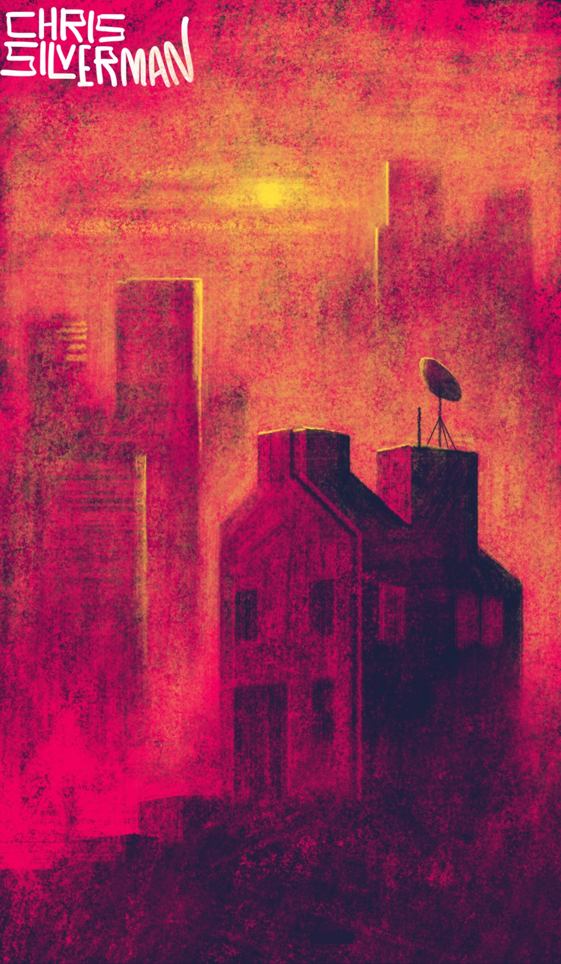 An oddly shaped, three-story house sits at the end of some steps with a city skyline in the background. The sky is murky crimson, with a yellow sun shining through the haze. On its roof are a few antennae. The sunlight gleams off the buildings in the distance. The painting is signed "Chris Silverman".