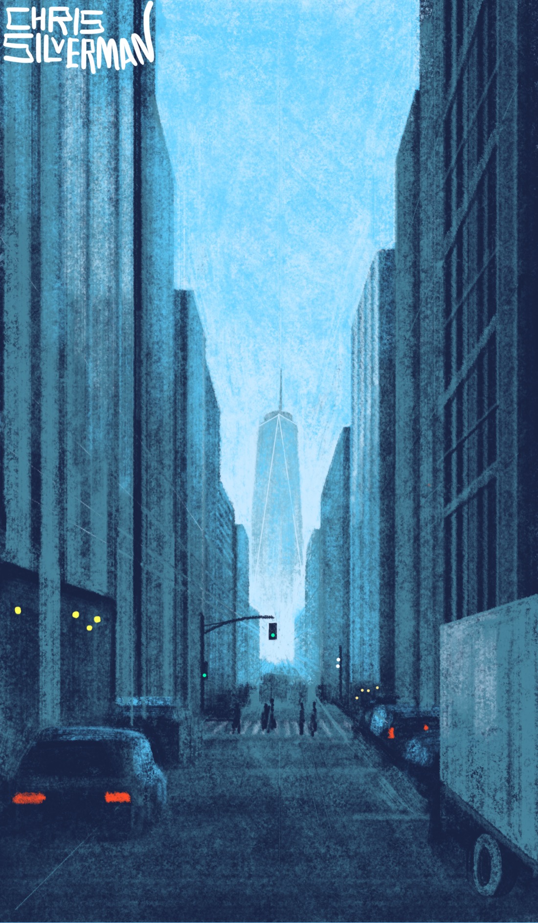 A long city street, tall buildings of glass and concrete stretching up from either side. Cars line the street, and up ahead, people walk across a crosswalk. Far in the distance, rising up into the blue sky like a mirage, stands One World Trade Center. The painting is signed "Chris Silverman".