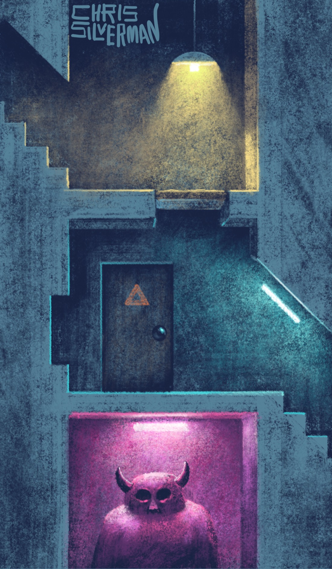The interior of a strange concrete building. Three rooms, one on top of another, are separated by concrete walls. Staircases extend and descend from one of them. Each one has a glowing light: a hanging lamp, a fluorescent bulb mounted by the stairs. The middle room has a door with an orange triangle on it. Below, in the lowermost room, a large horned monster sits beneath a blazing pink light. The painting is signed "Chris Silverman".