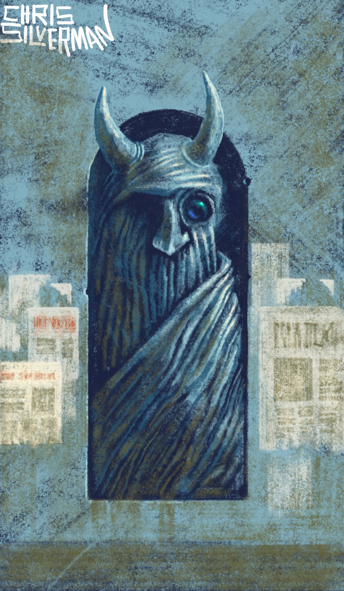 A dirty, slate-blue plaster wall. In the center of the wall is an arched alcove, in which is a grimy carving of an unsettling figure: a heavily bearded faced wrapped in a robe or cloak. The face has deep-set eyes and two large horns that emerge from the alcove. Its left eye is a gleaming camera lens. Pasted to the wall next to it are faded, ragged posters and flyers, their contents impossible to make out. The painting is signed "Chris Silverman".