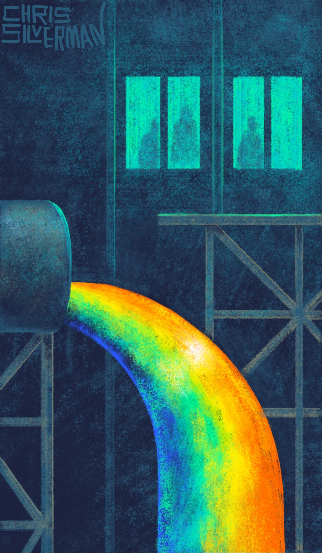 Rainbow liquid pours from a large pipe in a dark interior space. The pipe is held up by dark gray cross-beams. Behind it, figures observe from glowing green windows set high on a dark wall. Another scaffolding stands by the windows. The painting is signed "Chris Silverman".