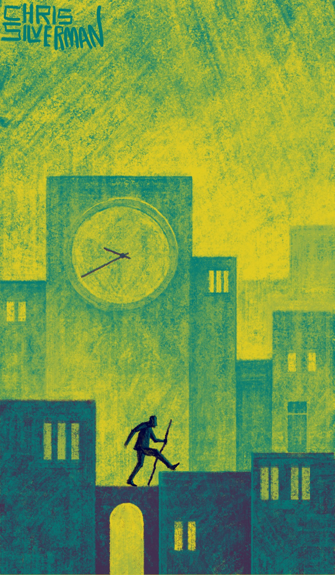 A figure holding a long staff walks through a looming, eerily minimal city. The buildings are large, blocklike, and rectangular, with few windows and doors. The effect is that of a theatrical set. Set on the front face of the largest building is a giant analog clock. The overall scene is a greenish-gold color. The painting is signed "Chris Silverman."