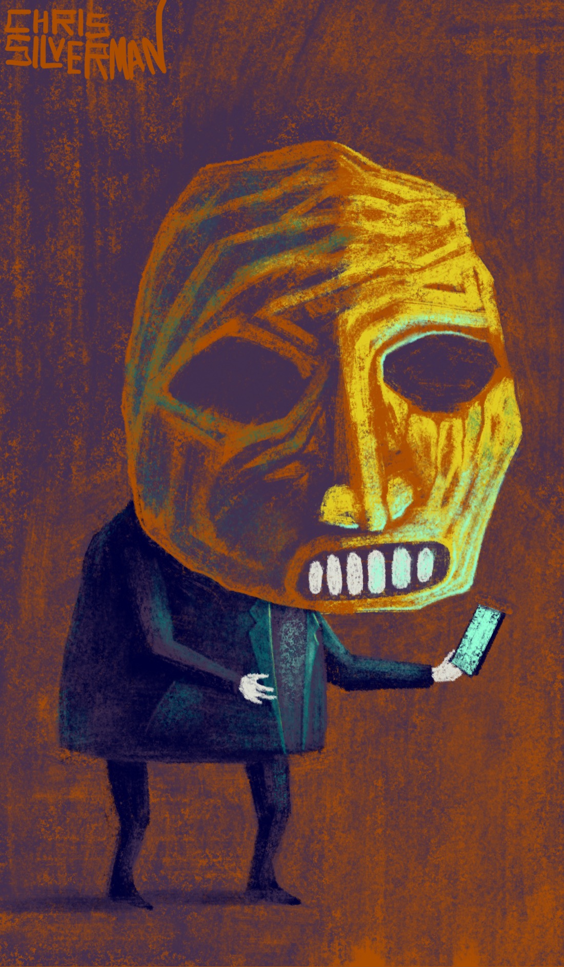 A figure with a large, disturbing face—maybe a mask, maybe its own yellow, mummified face—stands in a brown space staring at a glowing phone. It is wearing a suit jacket. The painting is signed "Chris Silverman".
