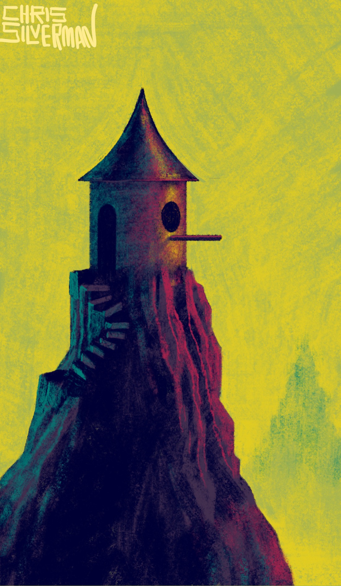 A tiny, cylindrical house with a conical roof sits on top of a very narrow, tall, rocky pinnacle. On the left side of the pinnacle, a narrow stairway cut into the rock leads down. The house has an arched door on that side, and a round window on the other. A poll sticks out from beneath the window, giving it the appearance of a birdhouse. The left side of the house and mountain are lit blue, while the right side has a crimson tinge to it. The mountain stands against a yellowish sky. In the distance is dimly visible the greenish silhouette of another similar mountain. The painting is signed "Chris Silverman".