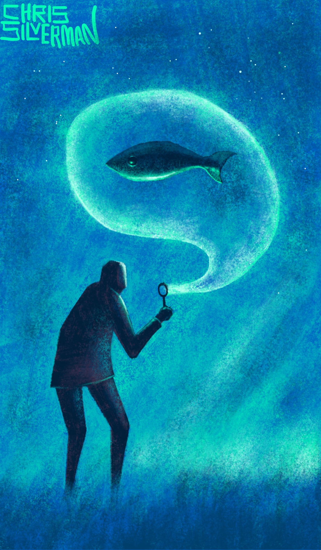 A person stands in the grass under a starry blue night sky. They are blowing through a bubble wand. Emerging from the wand is a giant, shimmering, green bubble, roughly the shape of a speech balloon. Hovering in the middle is a black, green-tinged fish. The painting is signed "Chris Silverman".